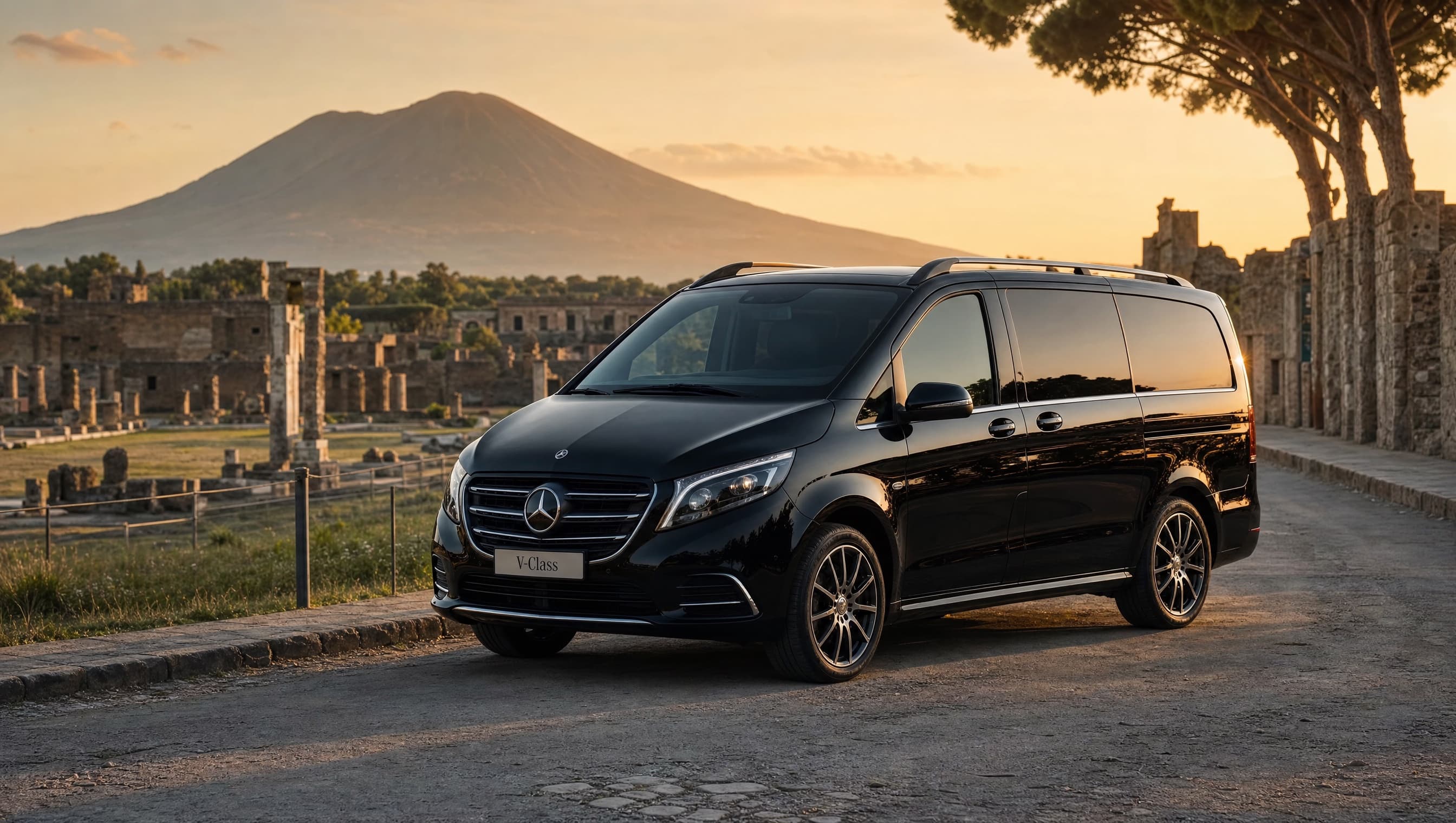 A private Mercedes V-Class transfer on the Sorrento Coast at golden hour