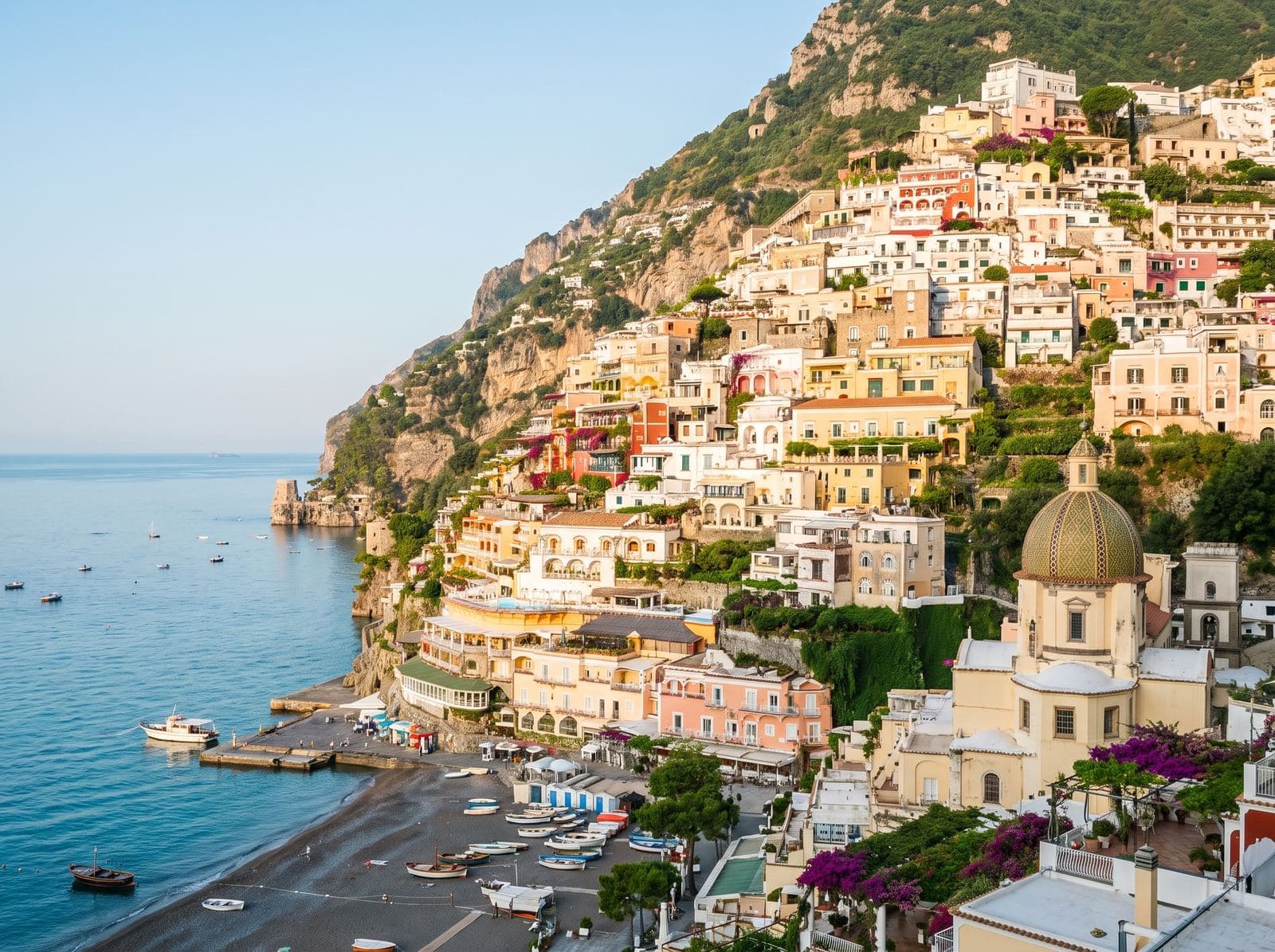 Positano, its houses climbing the cliff above the beach and the church dome