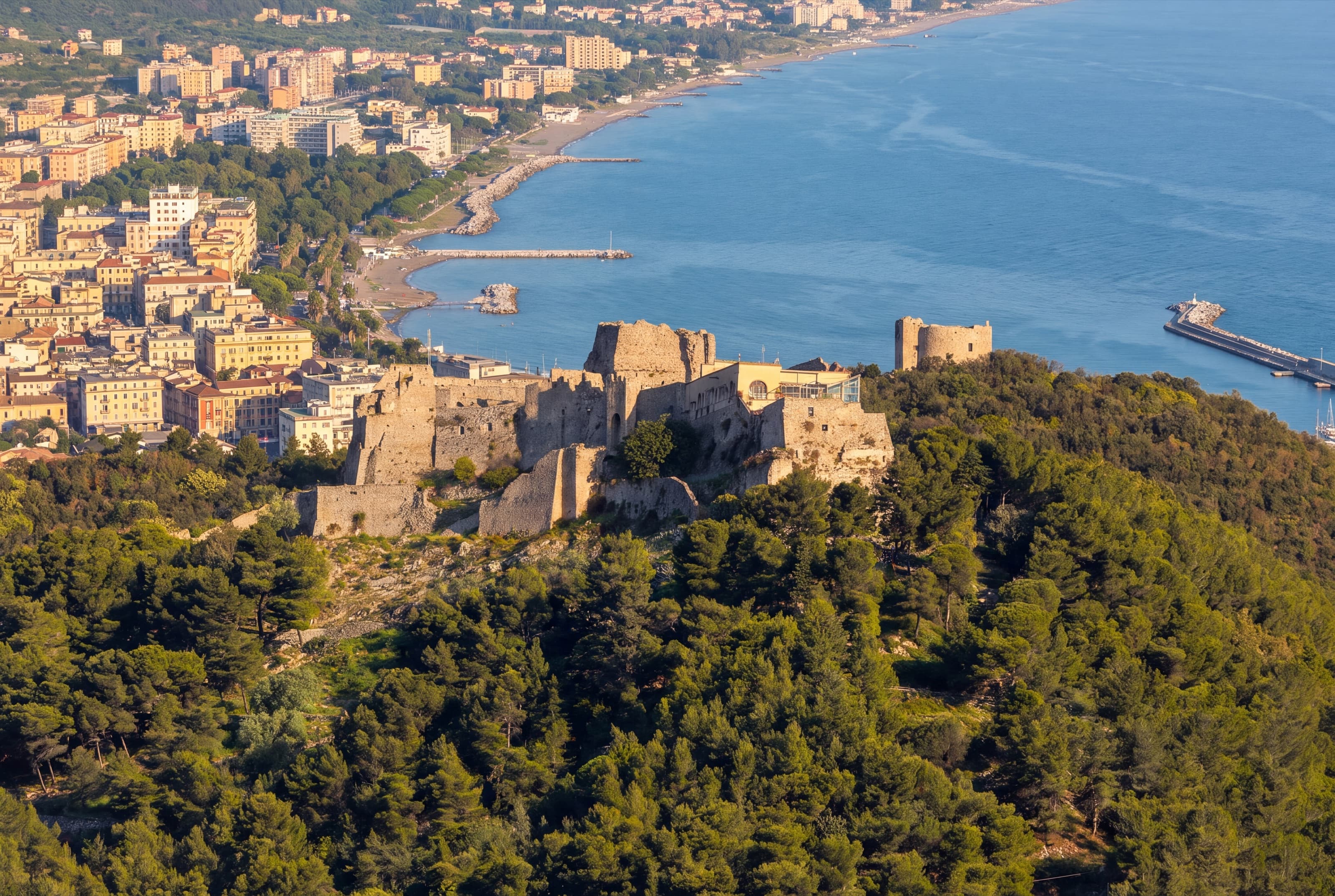 The Arechi Castle on its wooded hill above Salerno and the gulf
