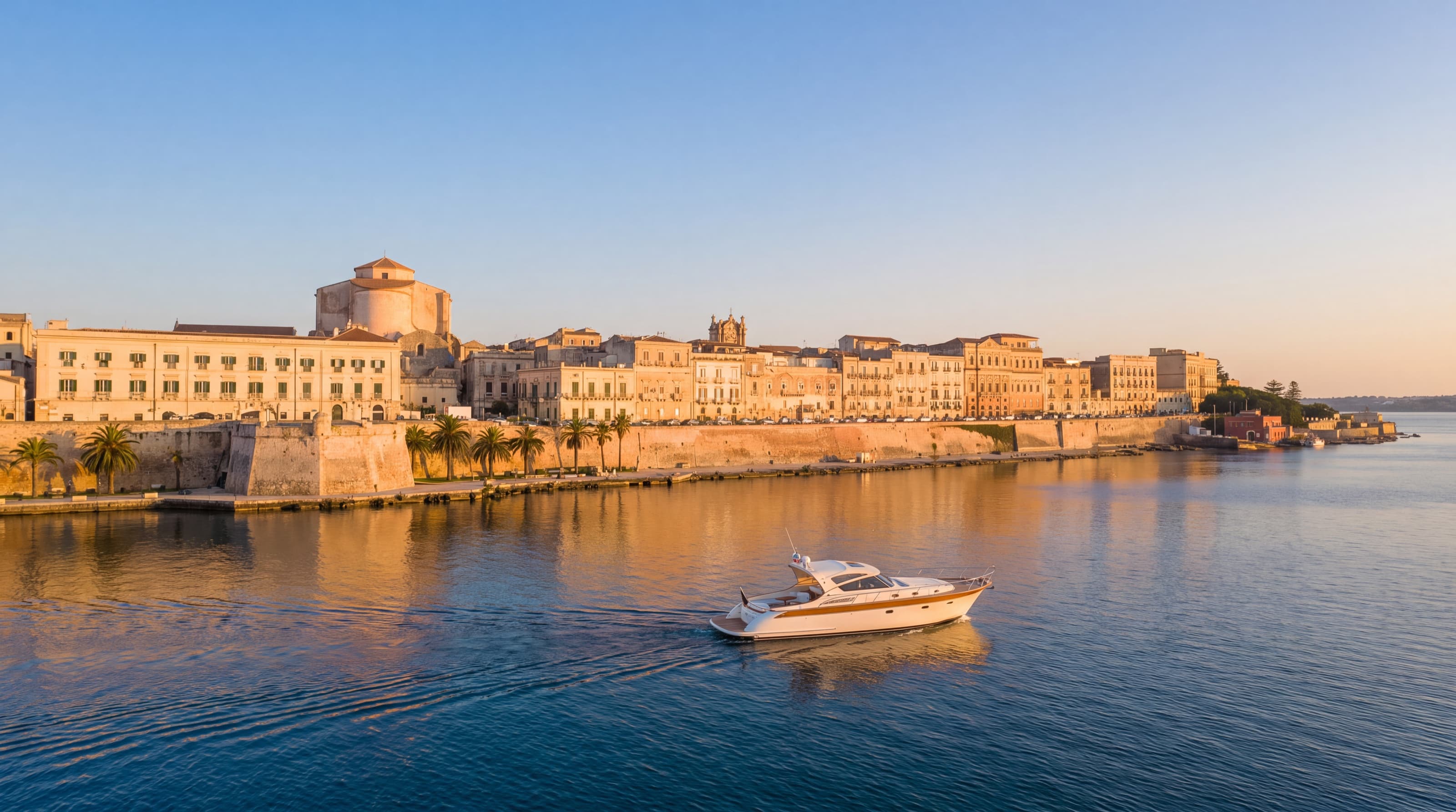 Il lungomare di Ortigia a Siracusa nella luce dorata della sera, con una barca privata in navigazione