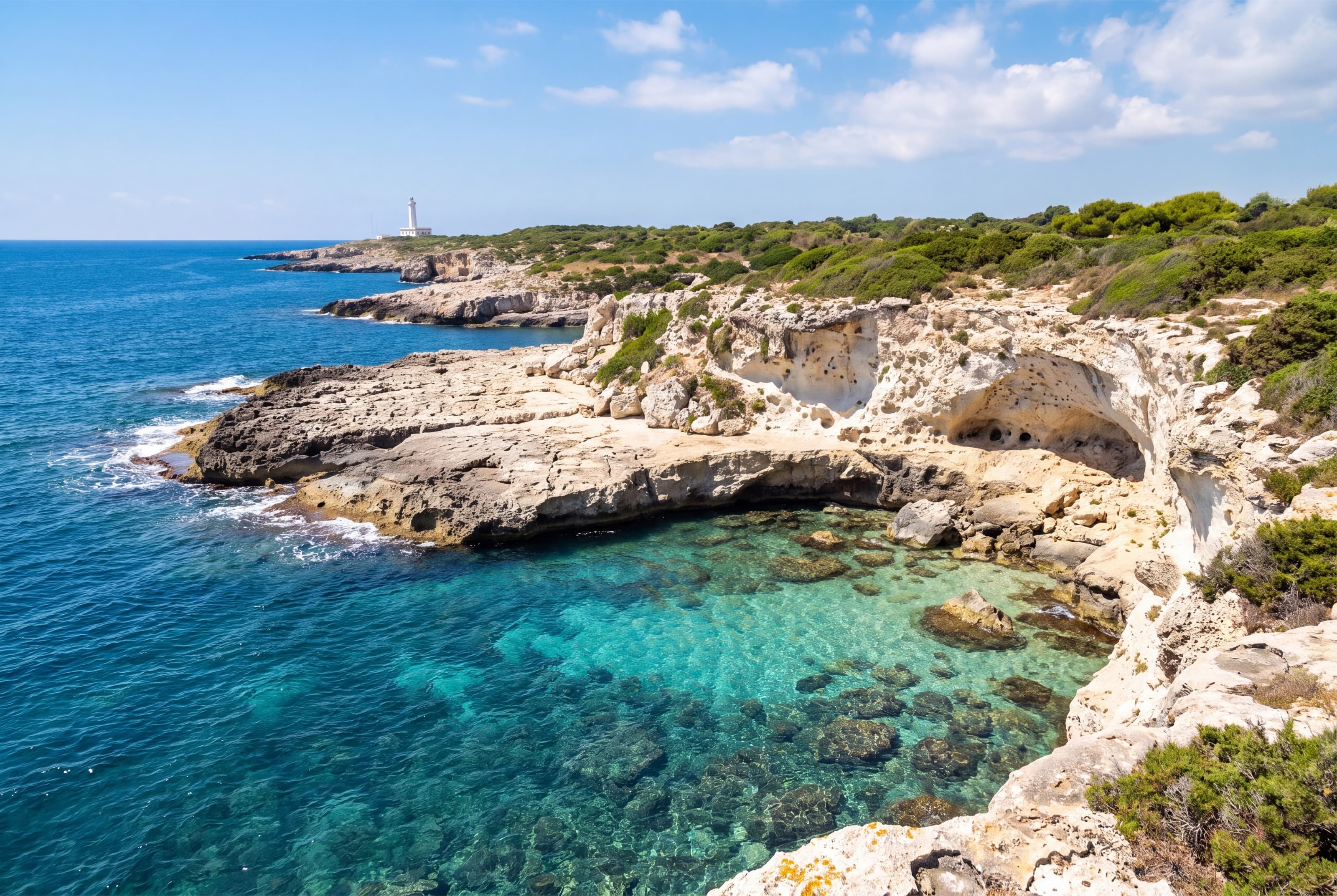 Costa di calcare bianco e un'insenatura turchese nell'area marina del Plemmirio, con il faro in lontananza