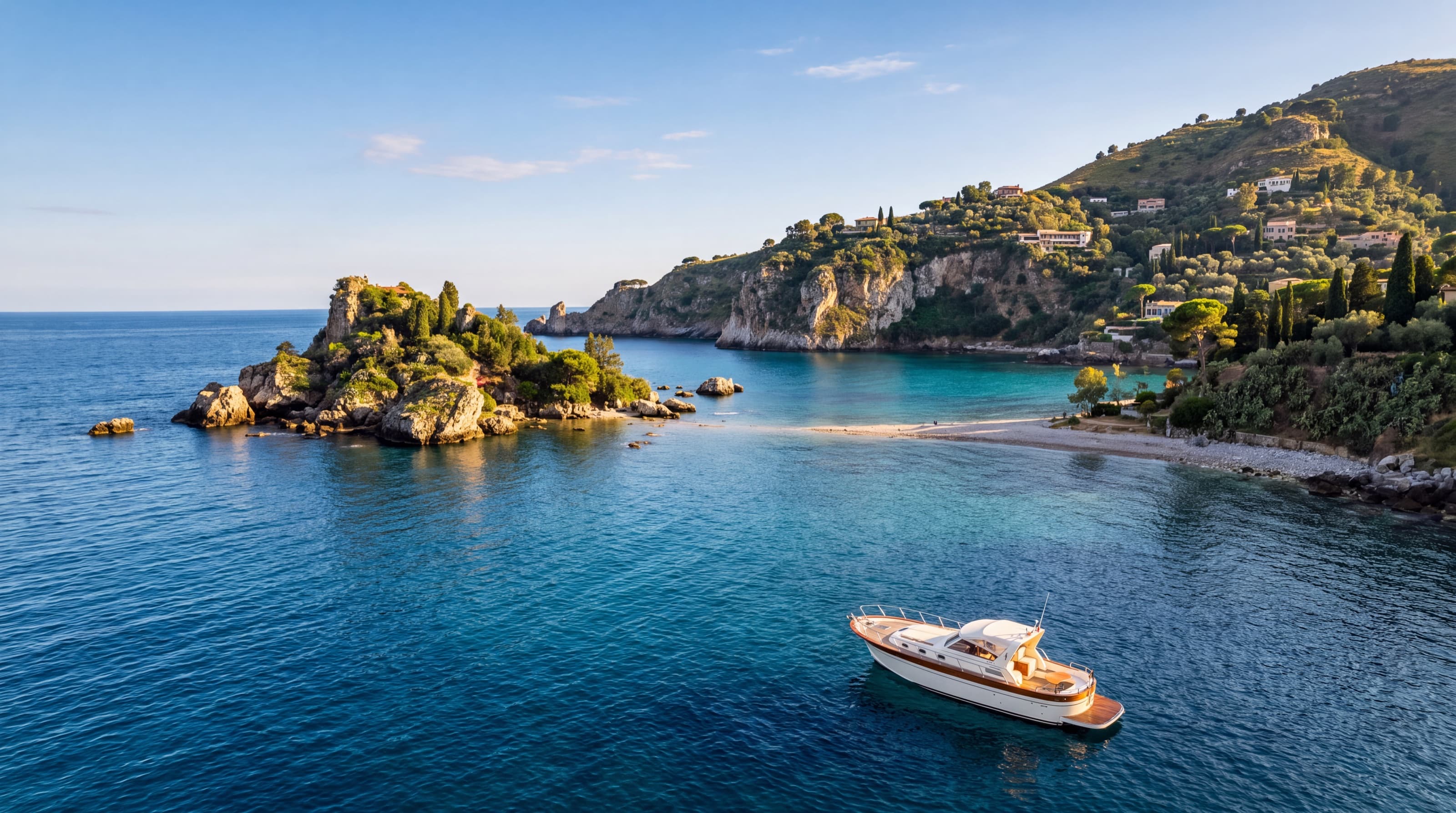 Isola Bella and the coast below Taormina seen from the sea, with a private boat at anchor