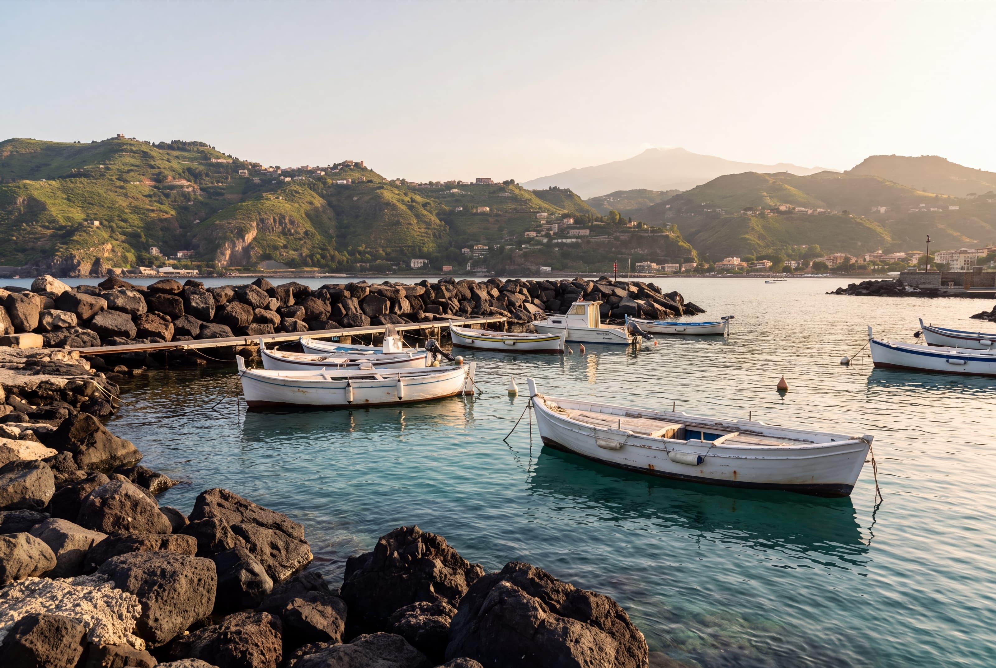 Small boats moored among the lava rocks of Capo Schisò at Giardini Naxos