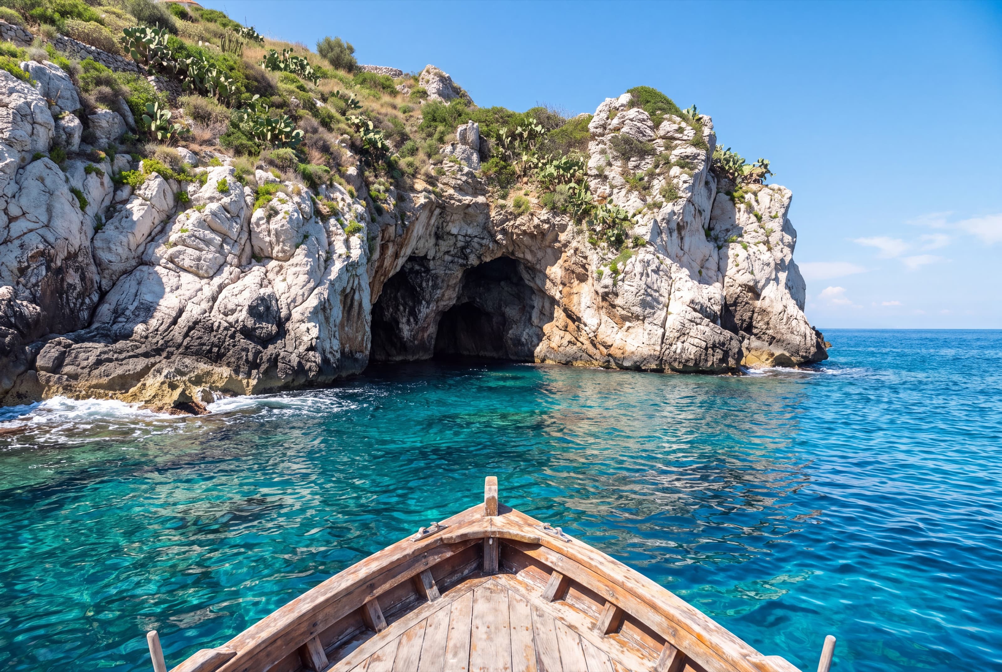 A sea cave in the limestone cliffs of Capo Sant'Andrea, seen from the bow of a boat