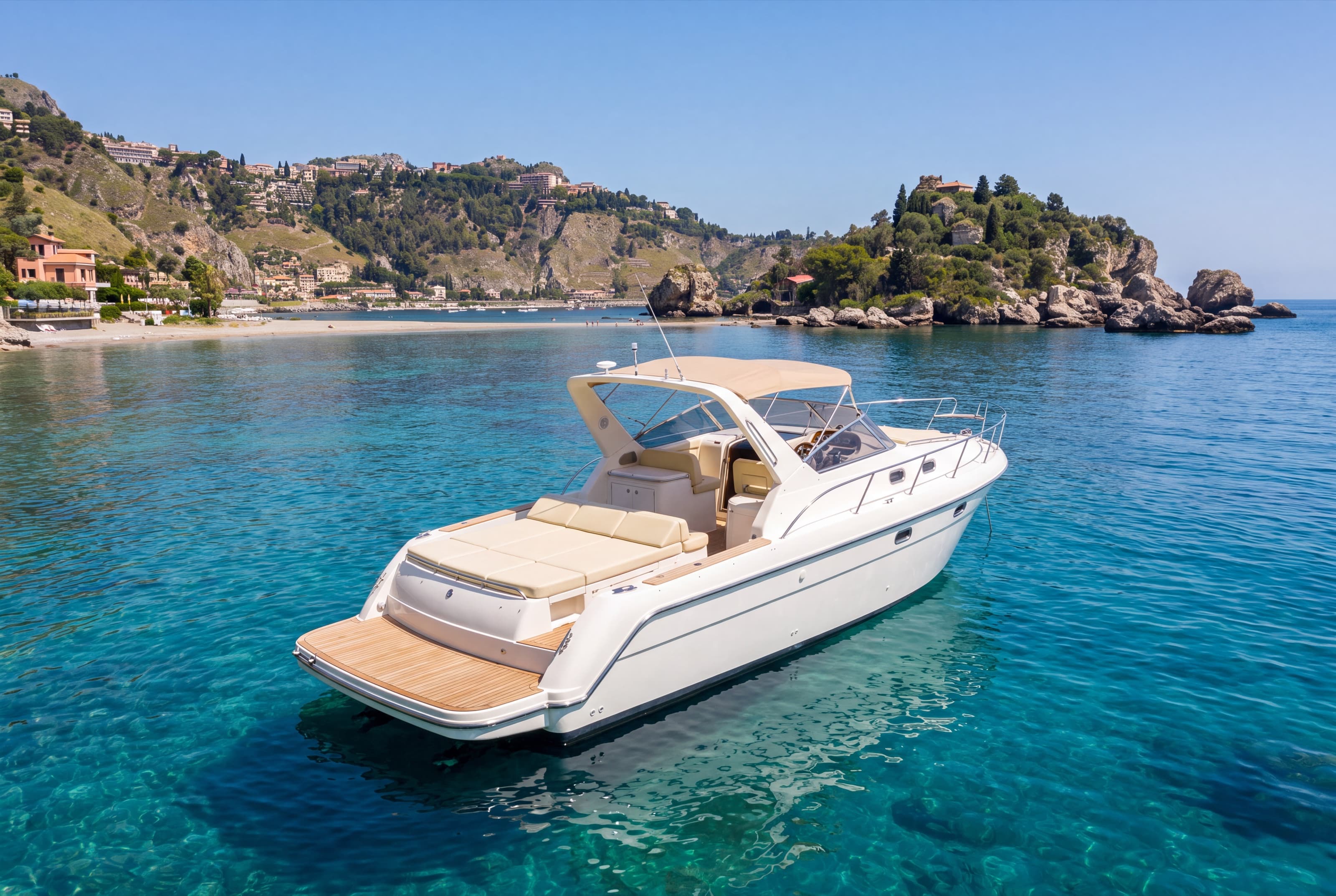 A private motor cruiser at anchor in turquoise water near Isola Bella