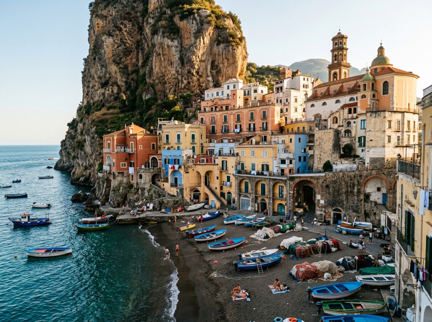 Atrani fishing village beach with locals and cafes