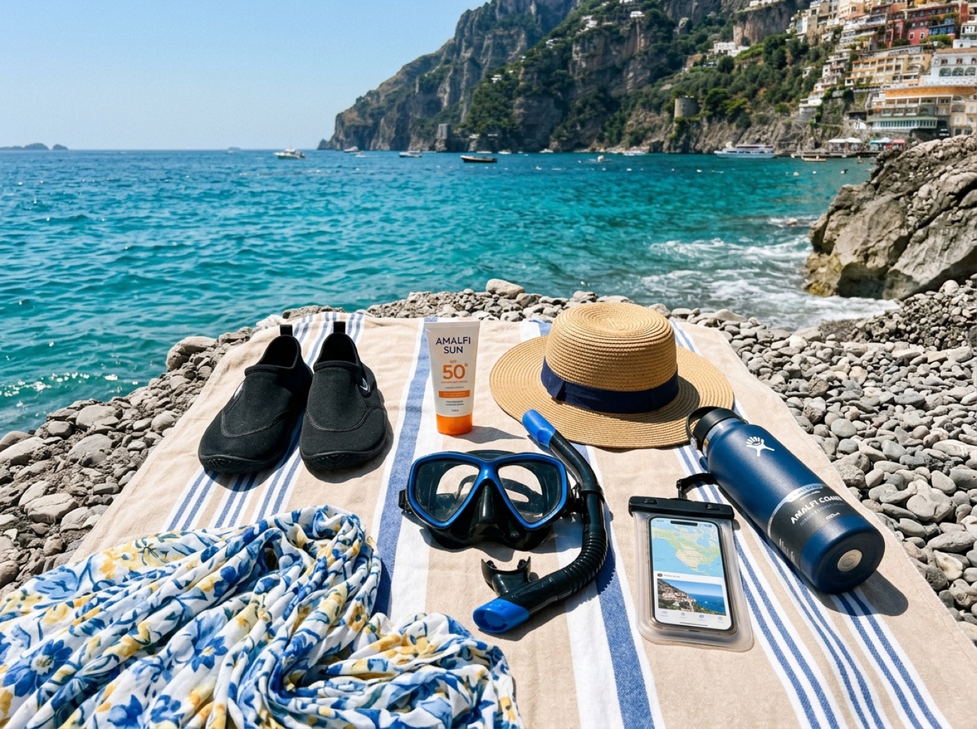 Beach essentials flat lay with water shoes and snorkel gear