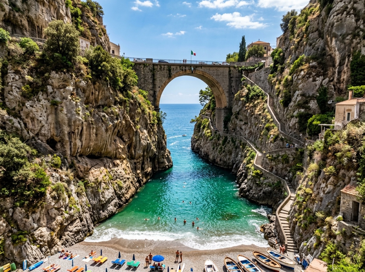 Fiordo di Furore dramatic fjord with stone bridge overhead