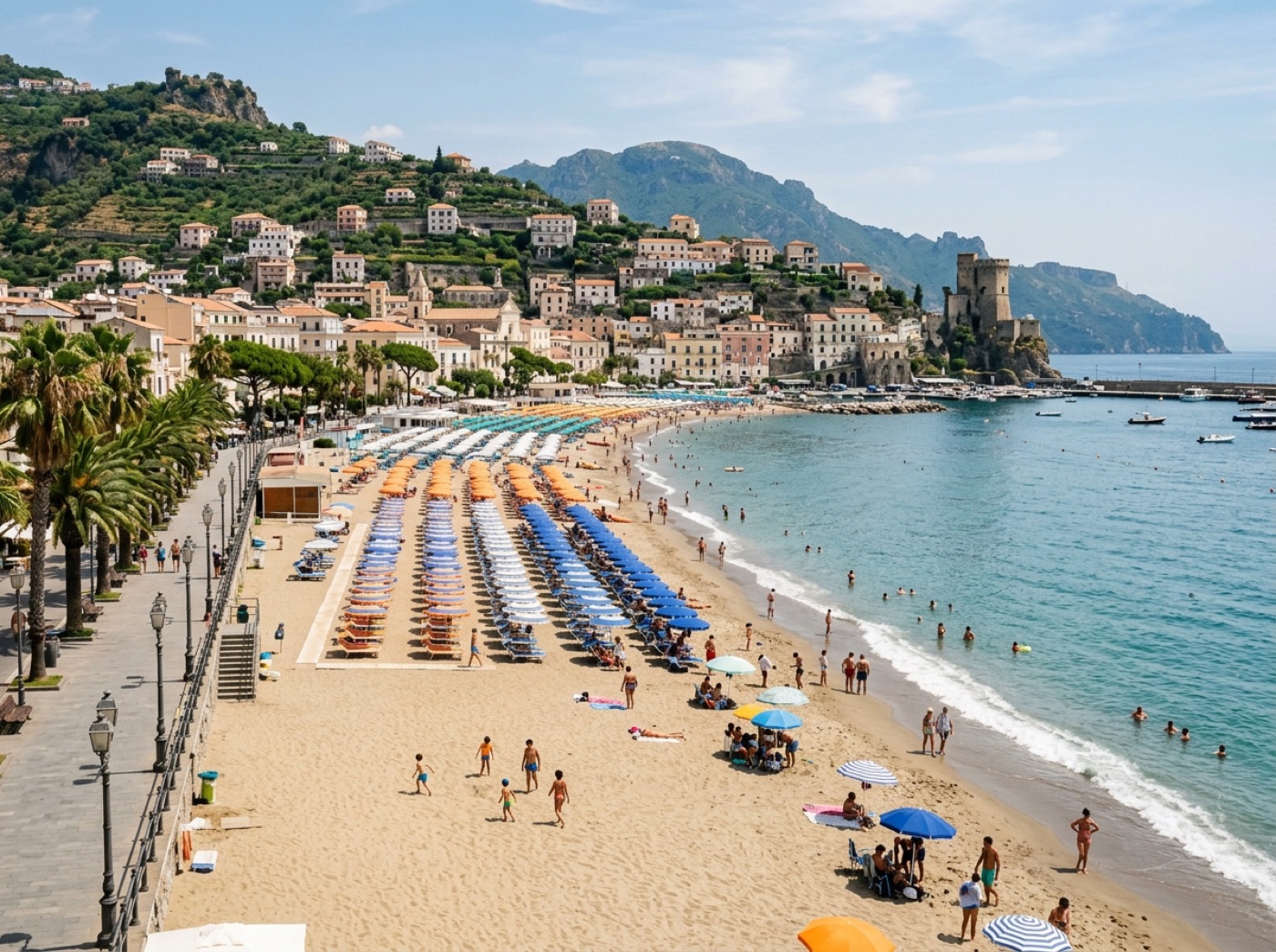 Maiori long sandy beach with families and beach clubs