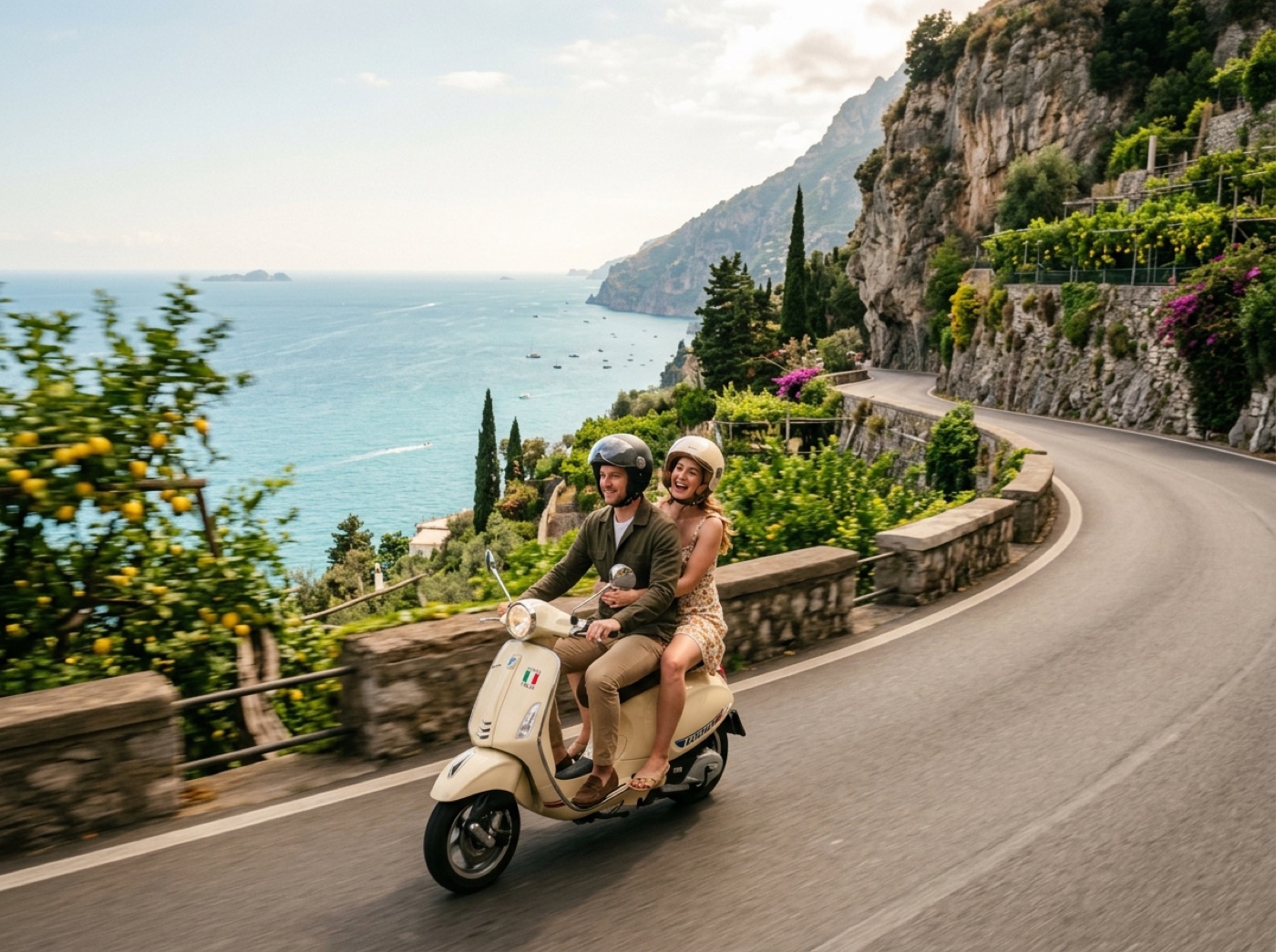 Vespa on the Amalfi Coast road with sea views