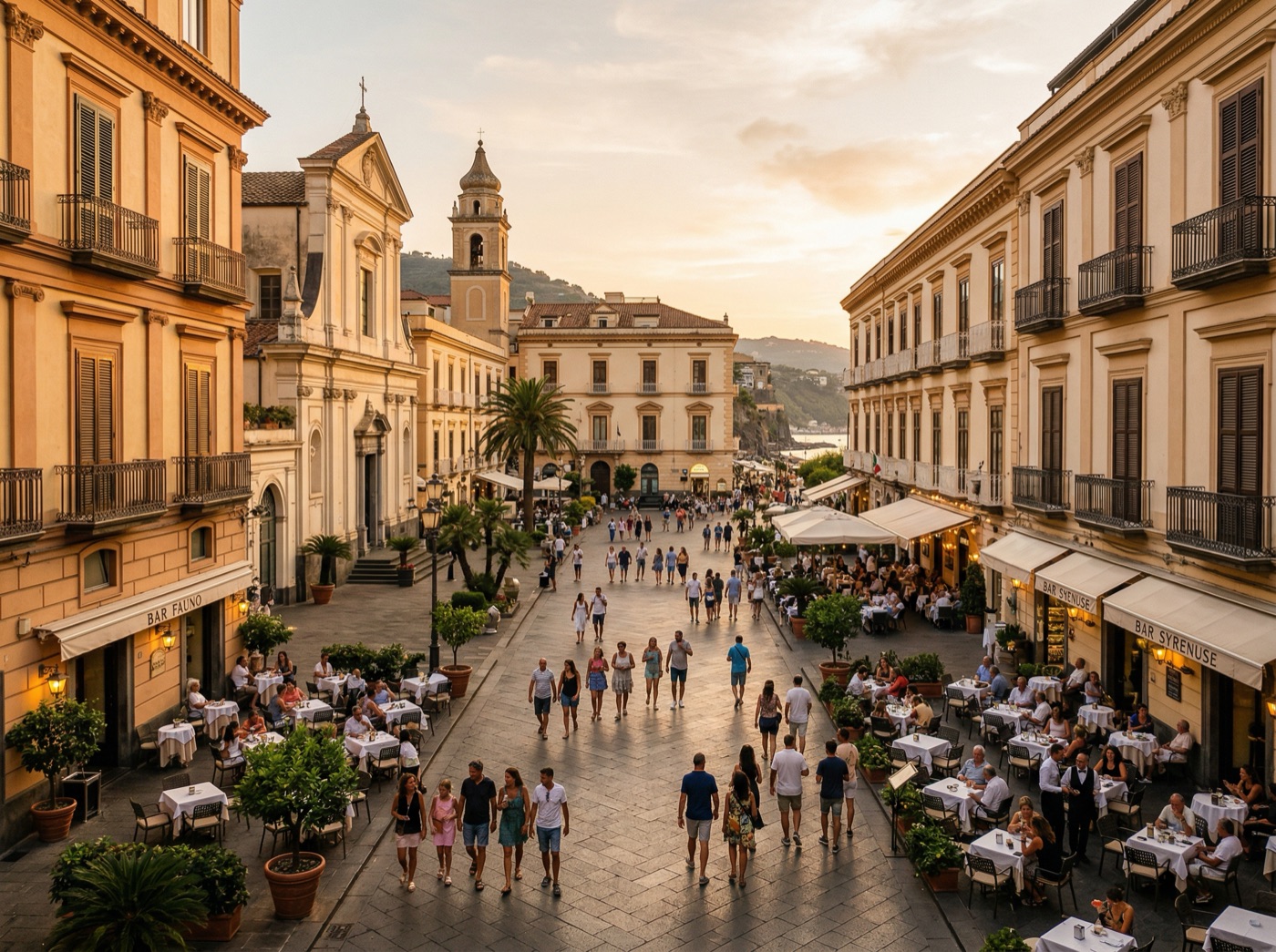 Piazza Tasso in Sorrento at sunset with cafes and locals