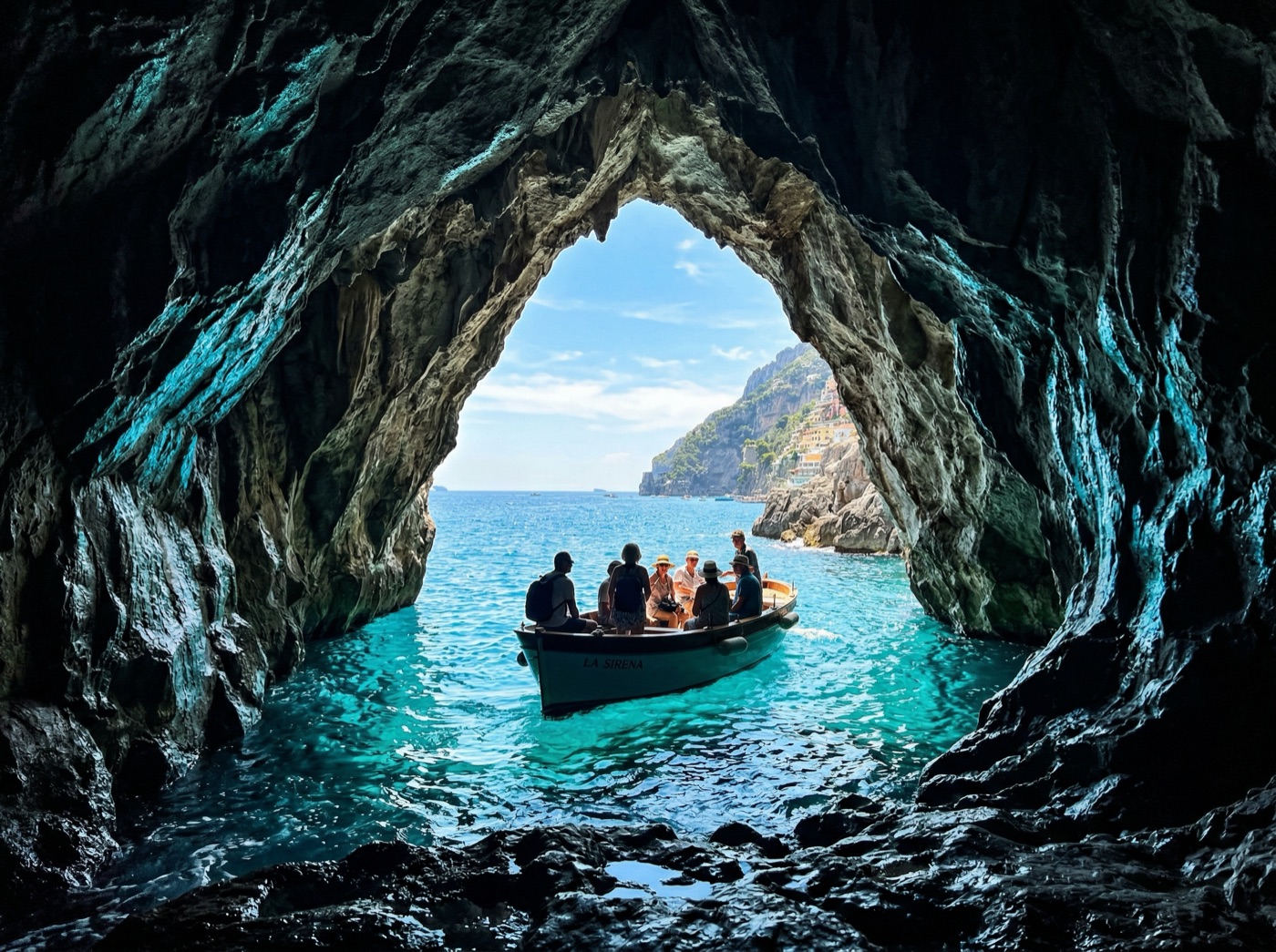 Traditional gozzo boat on the Amalfi Coast with Positano behind