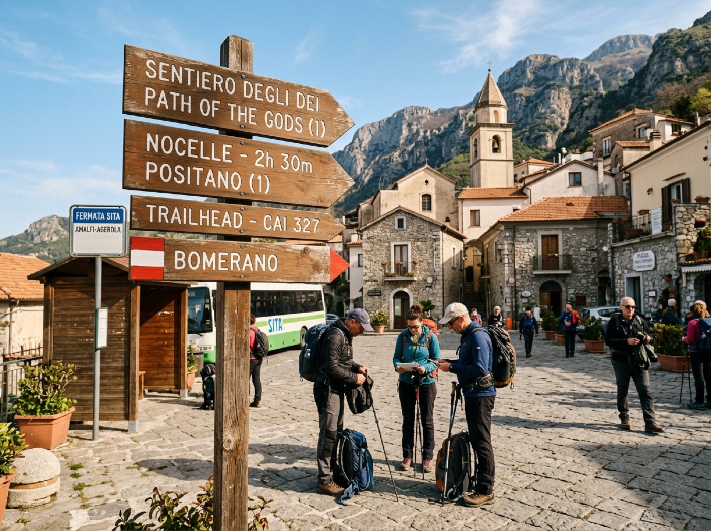 Hikers at the Bomerano trailhead starting the Path of the Gods
