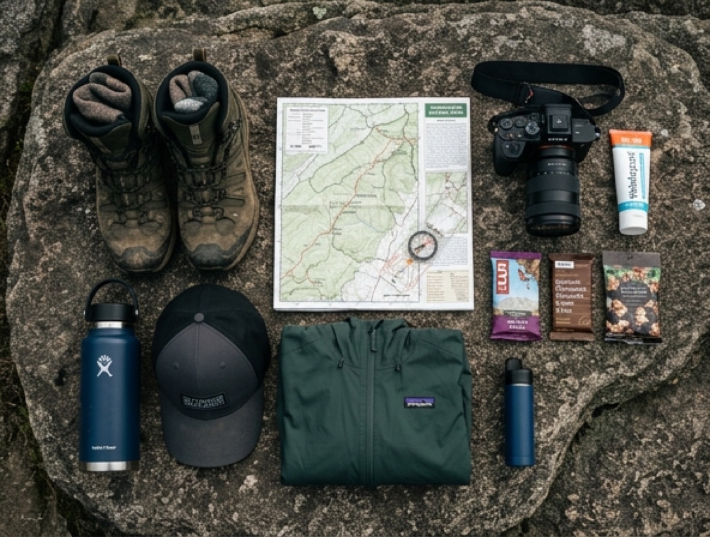 Essential hiking gear laid out for the Path of the Gods trek