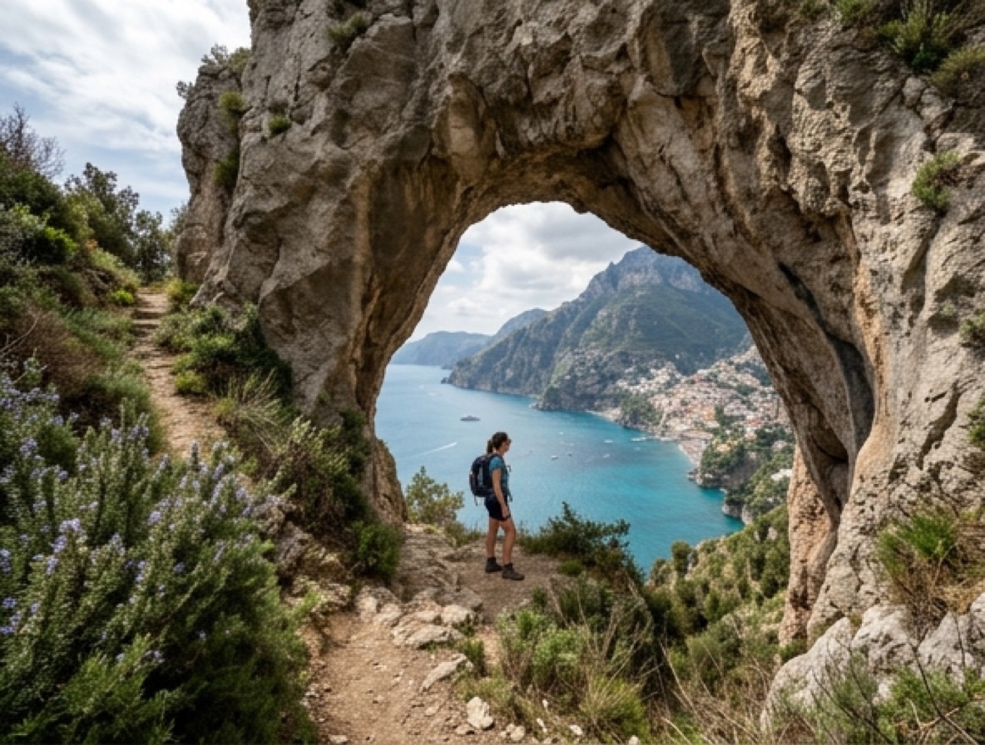 Natural rock arch formation on the Sentiero degli Dei