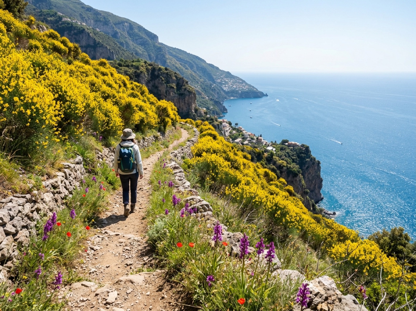 Spring wildflowers blooming along the Path of the Gods trail