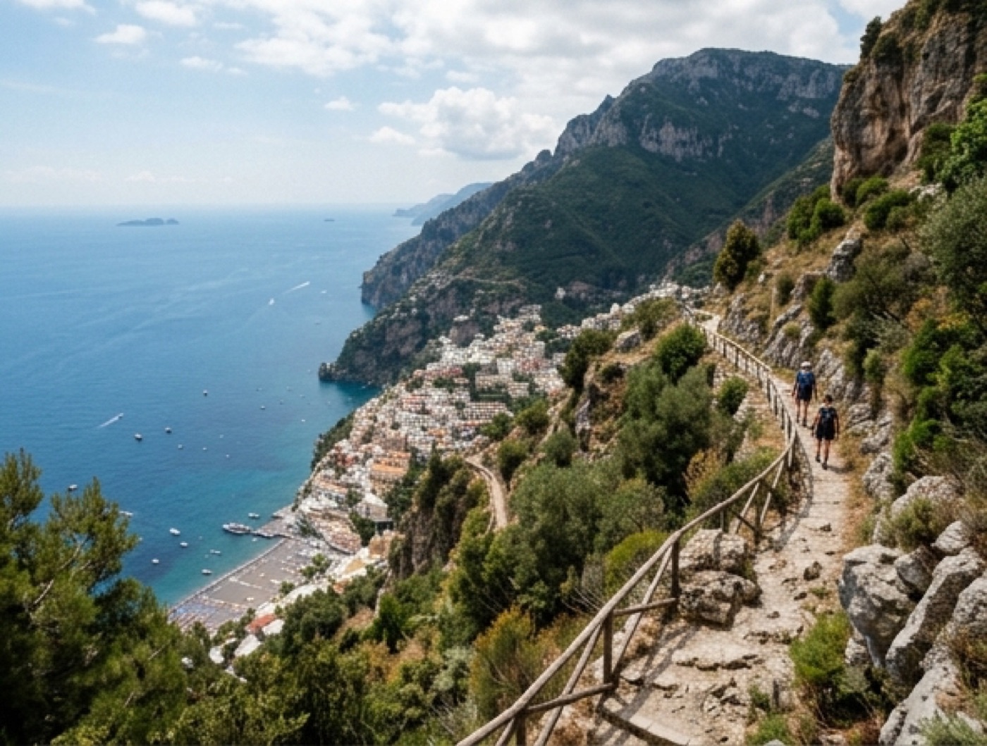 Aerial view of the Path of the Gods trail along the Amalfi Coast cliffs