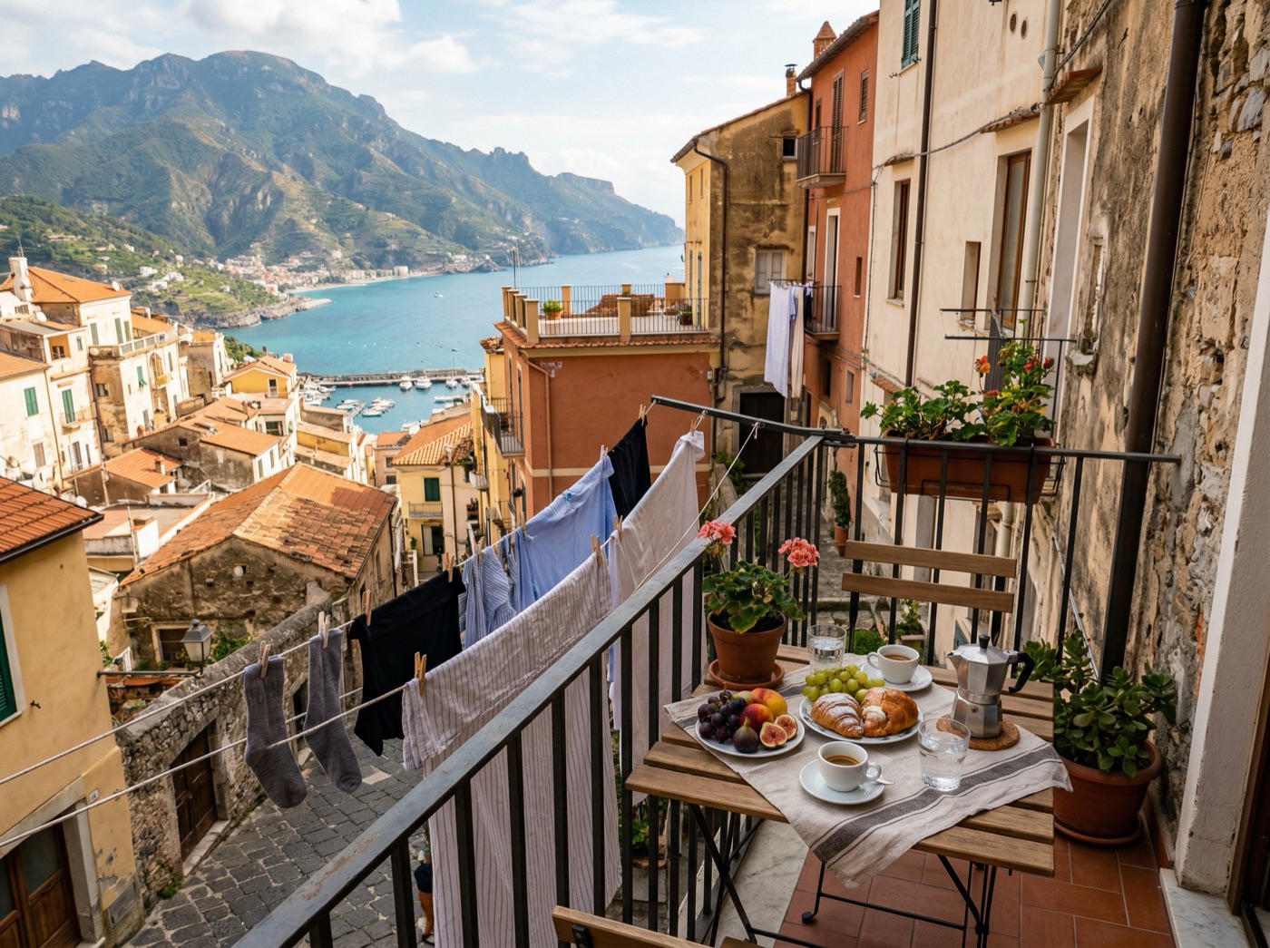 Breakfast on a balcony with panoramic sea view