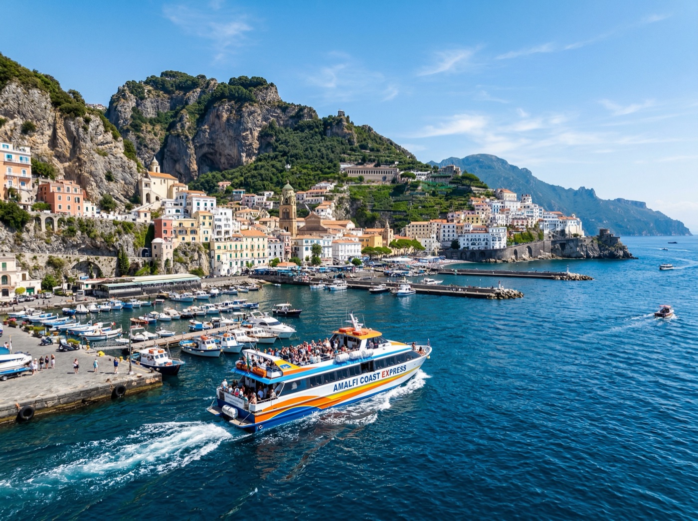 Ferry departing Amalfi harbour towards Positano
