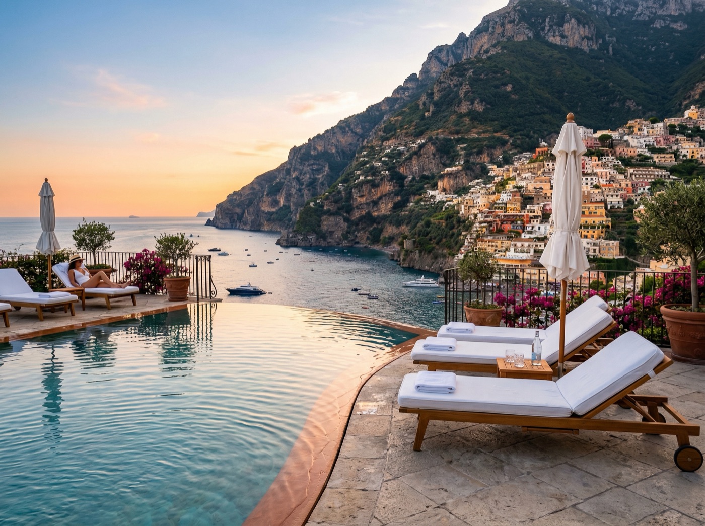 Luxury terrace with infinity pool overlooking the Amalfi Coast