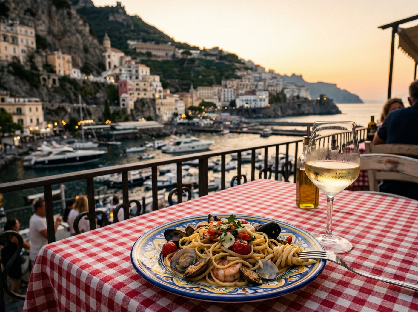 Fresh seafood plate at a cliffside restaurant in Positano