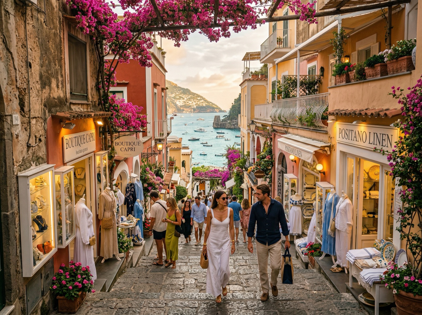 Narrow alleyway with bougainvillea in Positano