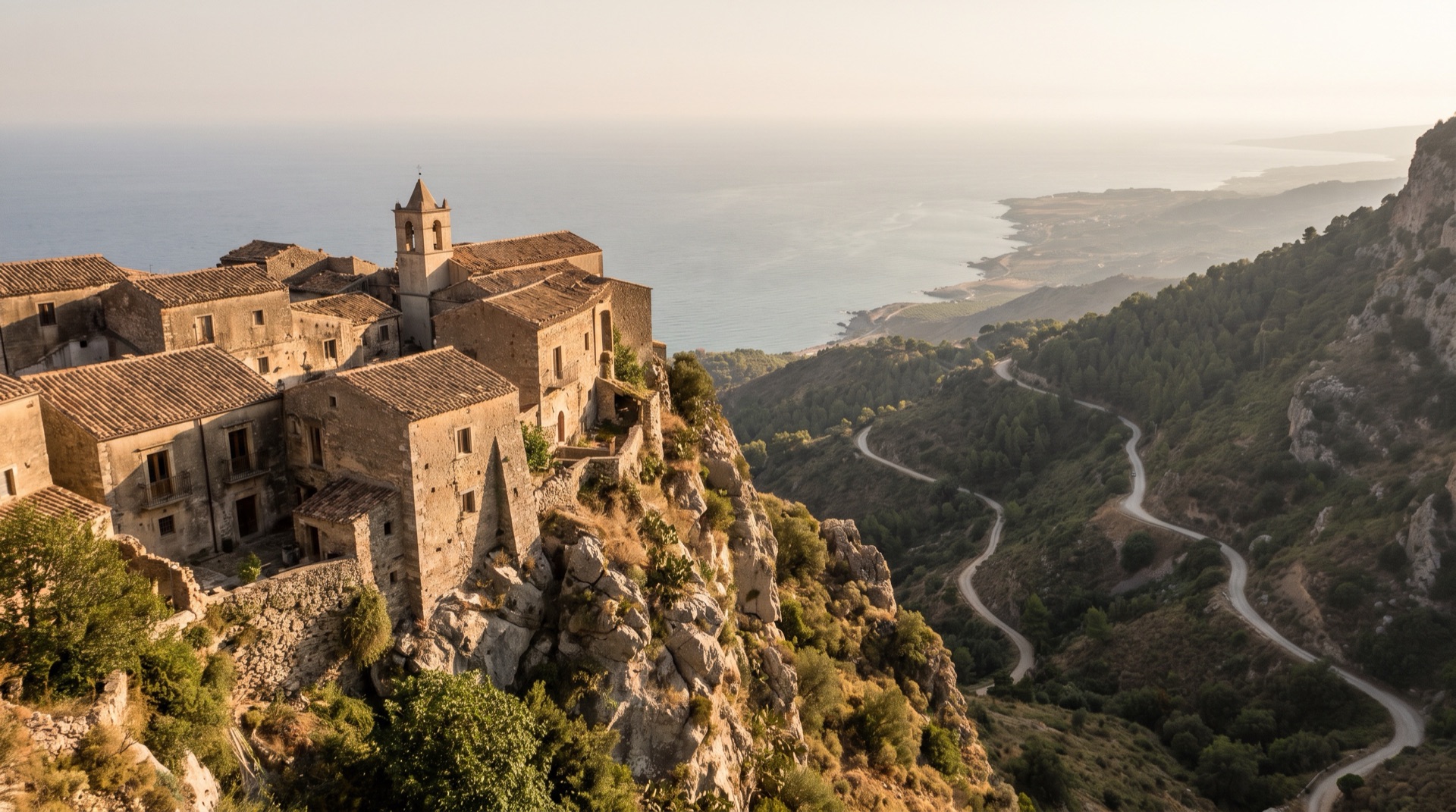 A cabin of the Taormina to Mazzarò cable car on the 725-metre run down to sea level, the beaches of the bay below