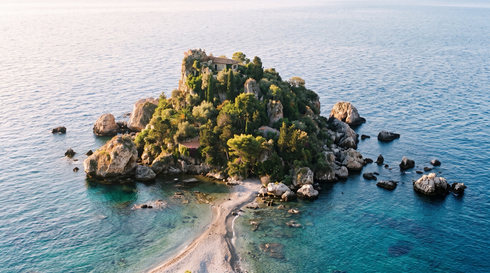 Isola Bella seen from the cliff road above Taormina, with the gravel isthmus linking the islet to the shore covered by the tide