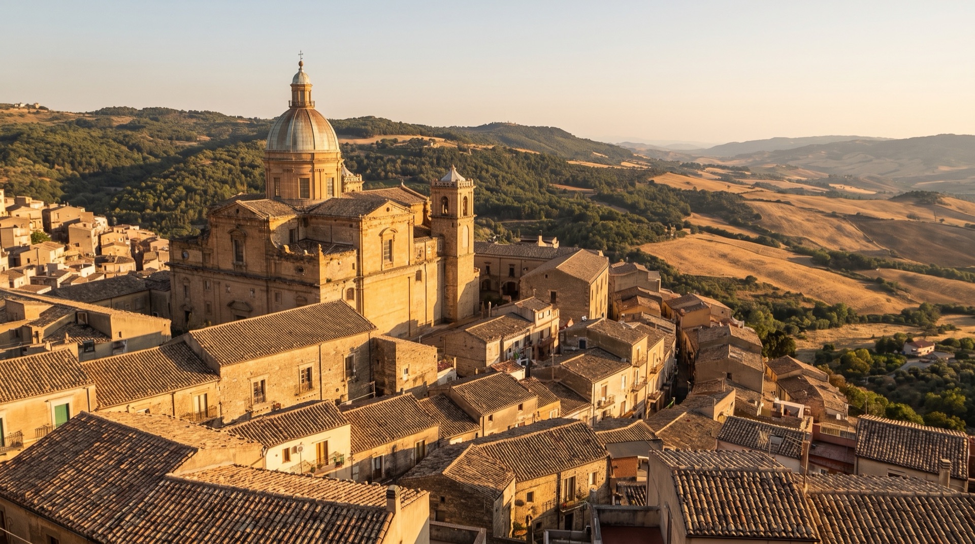 Tiled rooftops and bell towers of Piazza Armerina rising above the inland Sicilian hills