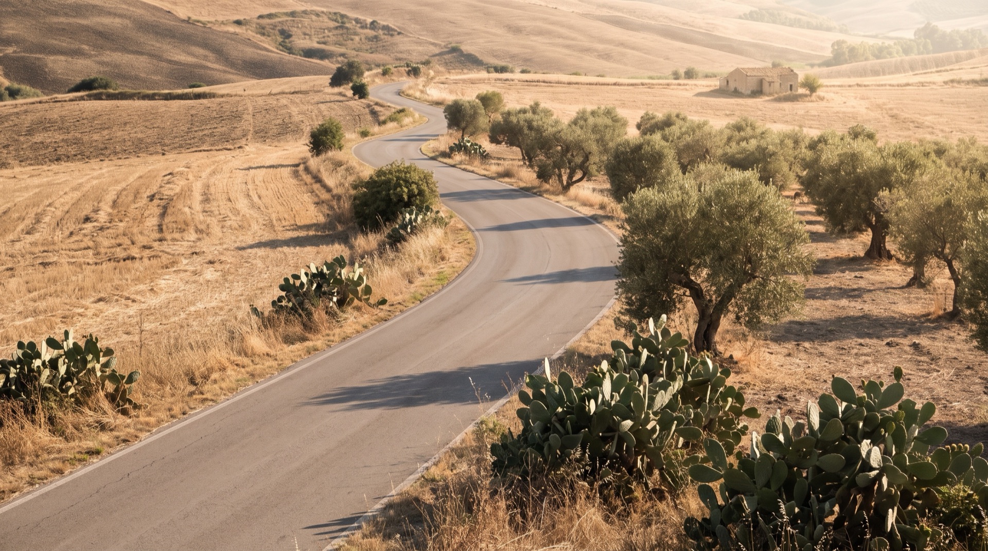 The SS115 running through open countryside east of Agrigento, the road the coach from Agrigento to Palma di Montechiaro takes.