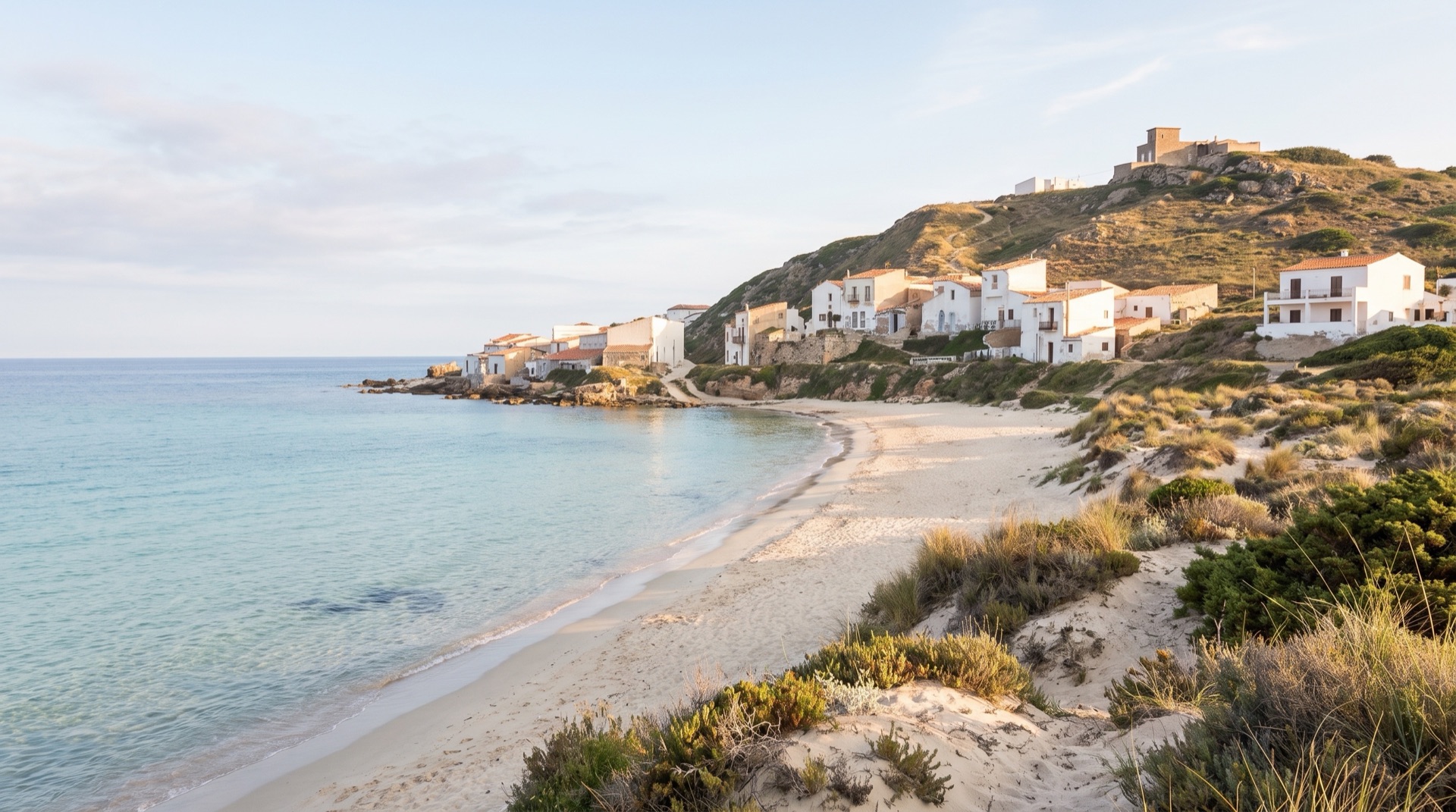 The beach at Porto Palo, the coastal frazione about 8 km from Menfi town, holder of a 2026 Blue Flag together with Lido Fiori