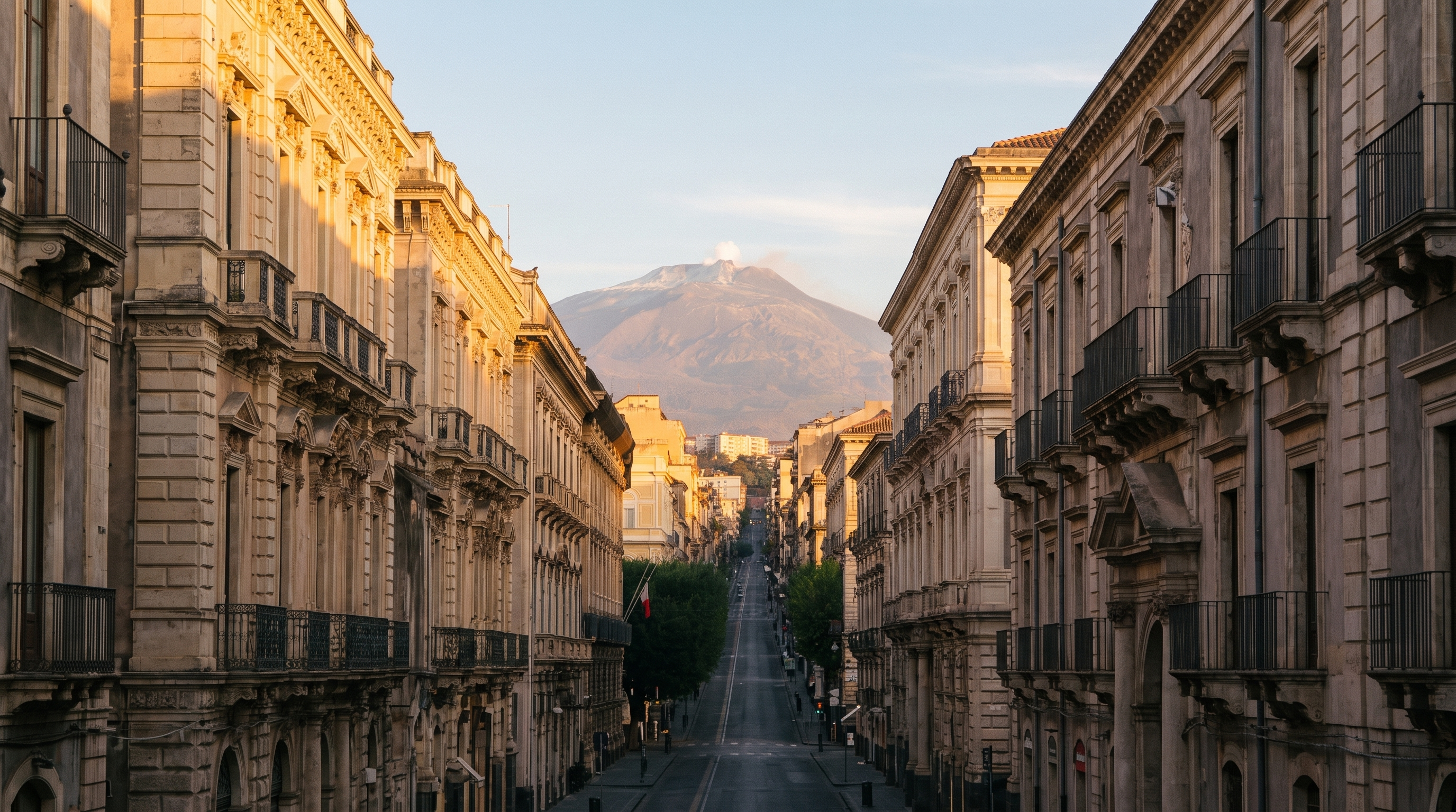 A long straight avenue in Catania at sunrise, Etna closing the perspective at the far end
