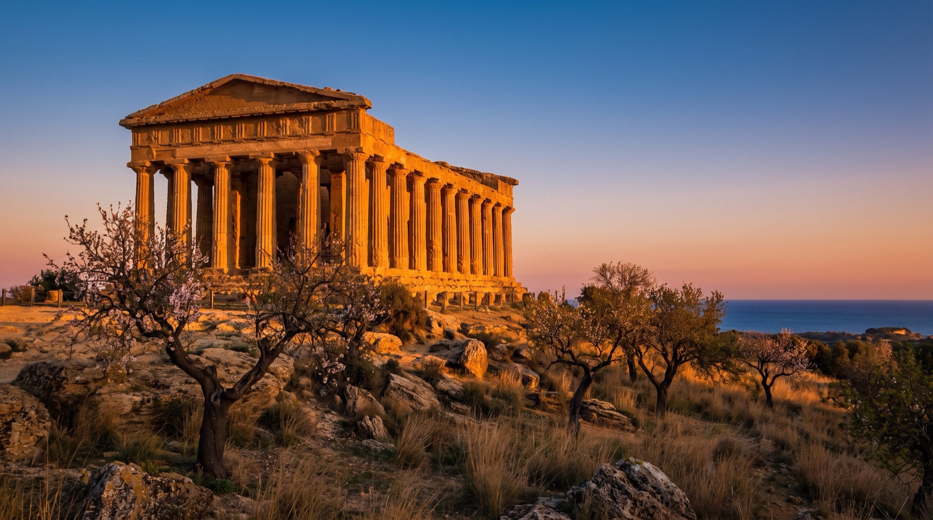 The Temple of Concordia at sunset, almond trees in blossom on the slope below and the sea behind