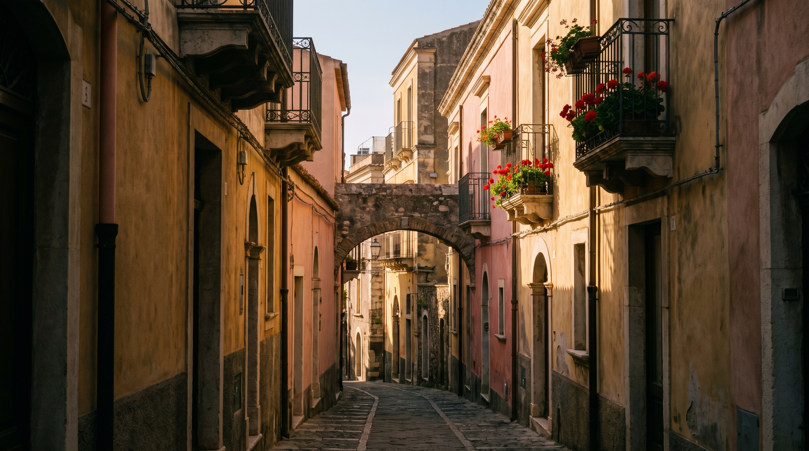 A narrow stone-paved lane in the old centre of Taormina, wrought-iron balconies and a low arch