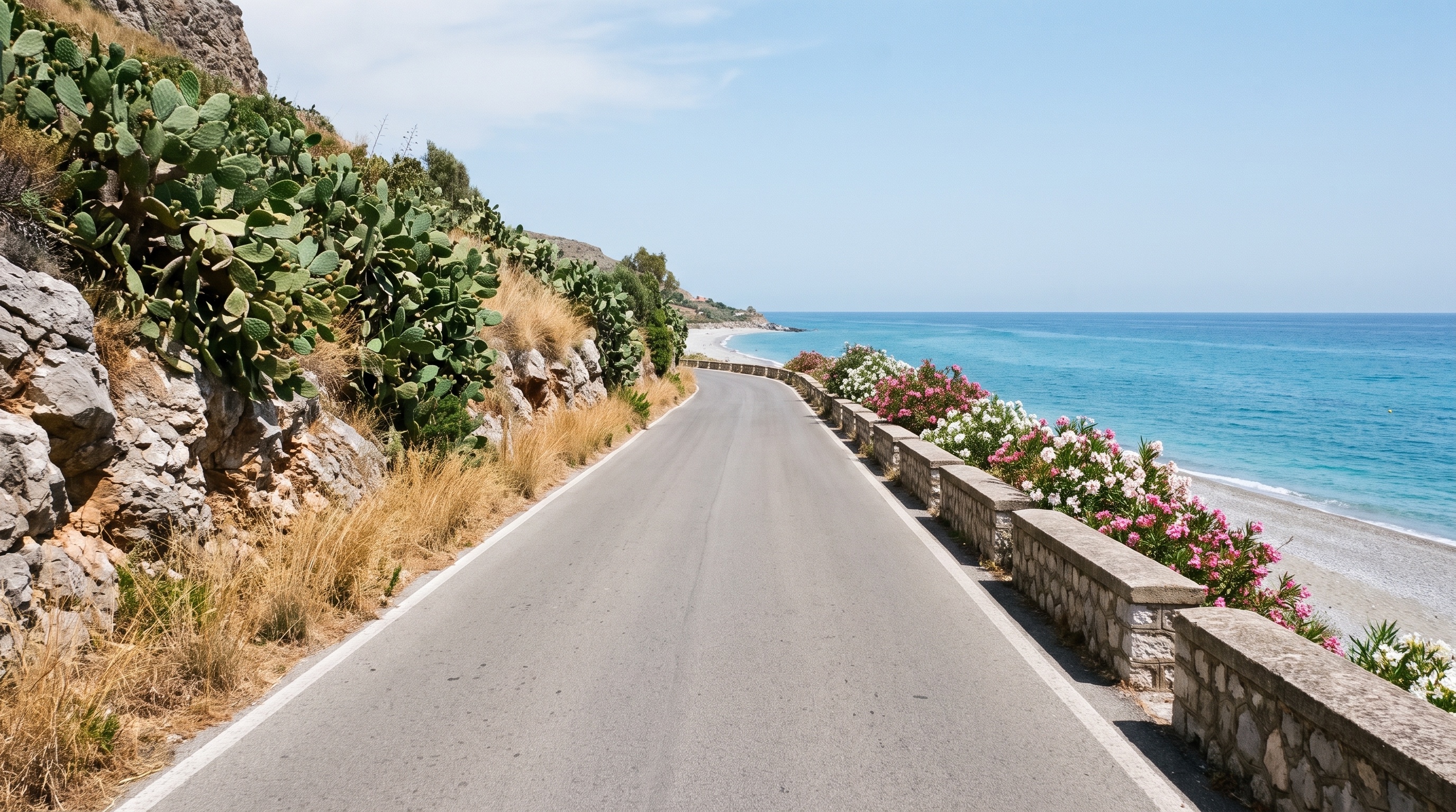 The coastal road between Catania and Taormina, the Ionian sea opening out on the right