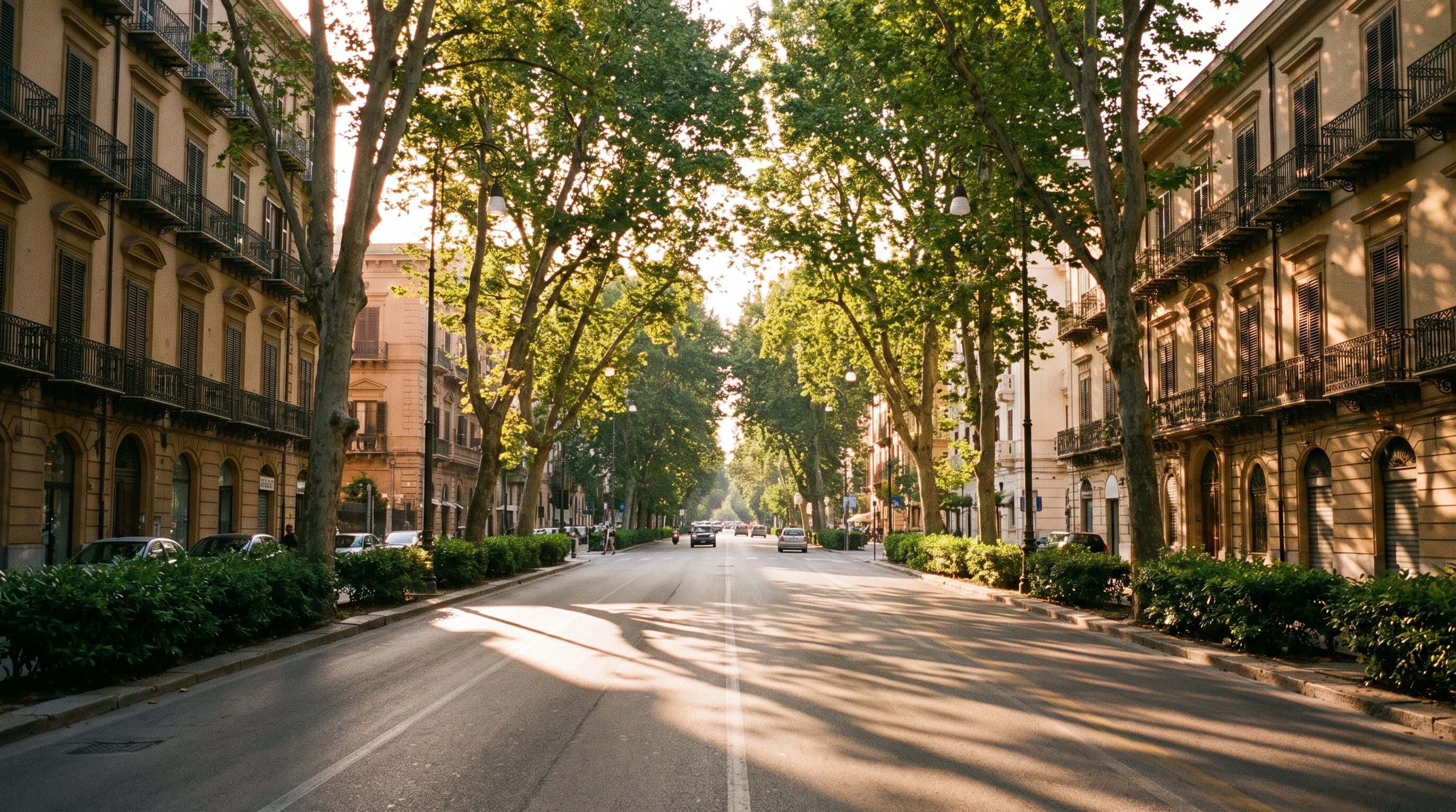 Una avenida arbolada de Palermo a primera hora, con la luz baja entre los troncos