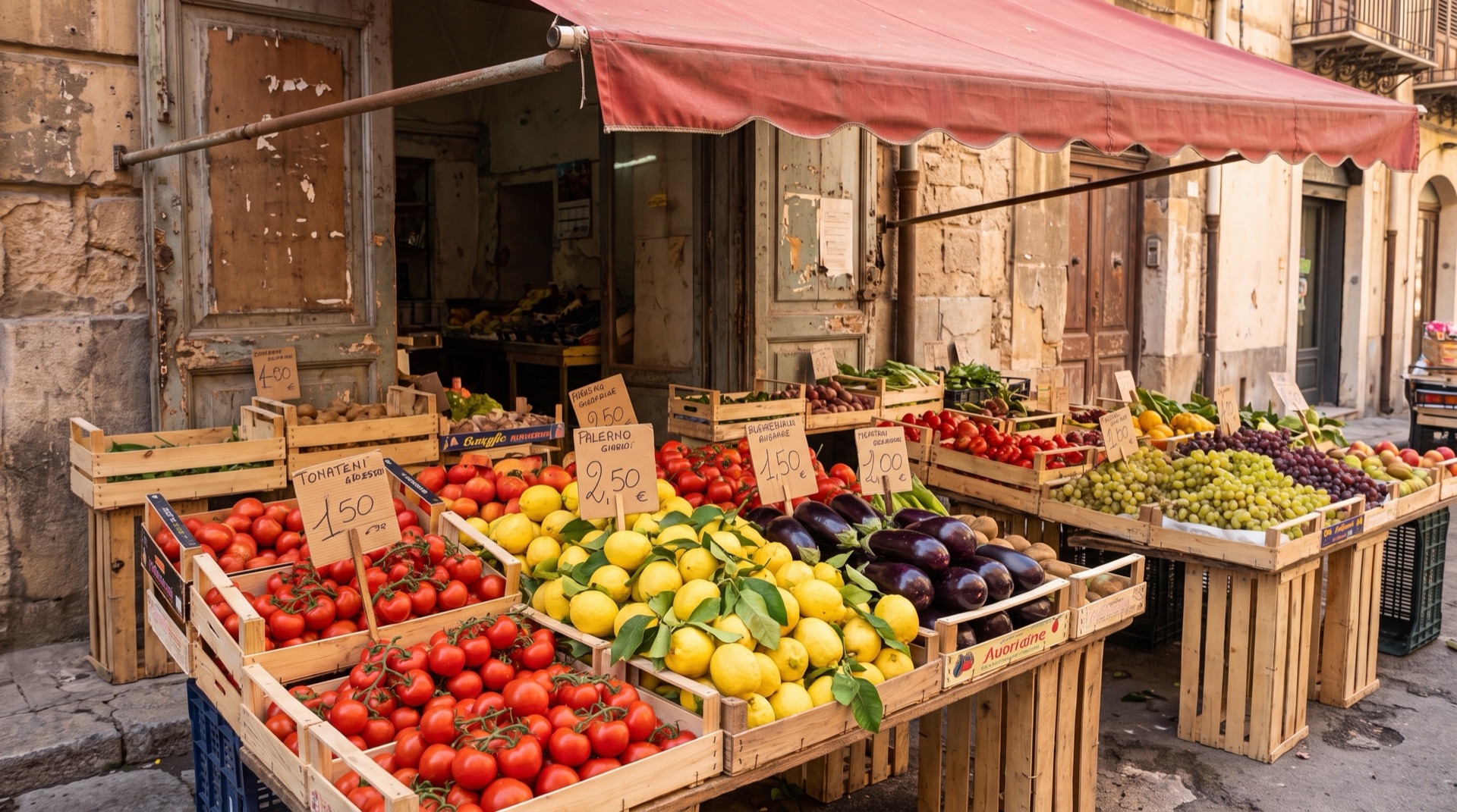 Un puesto de mercado en Palermo bajo un toldo rojo, cajas de tomates, limones y berenjenas