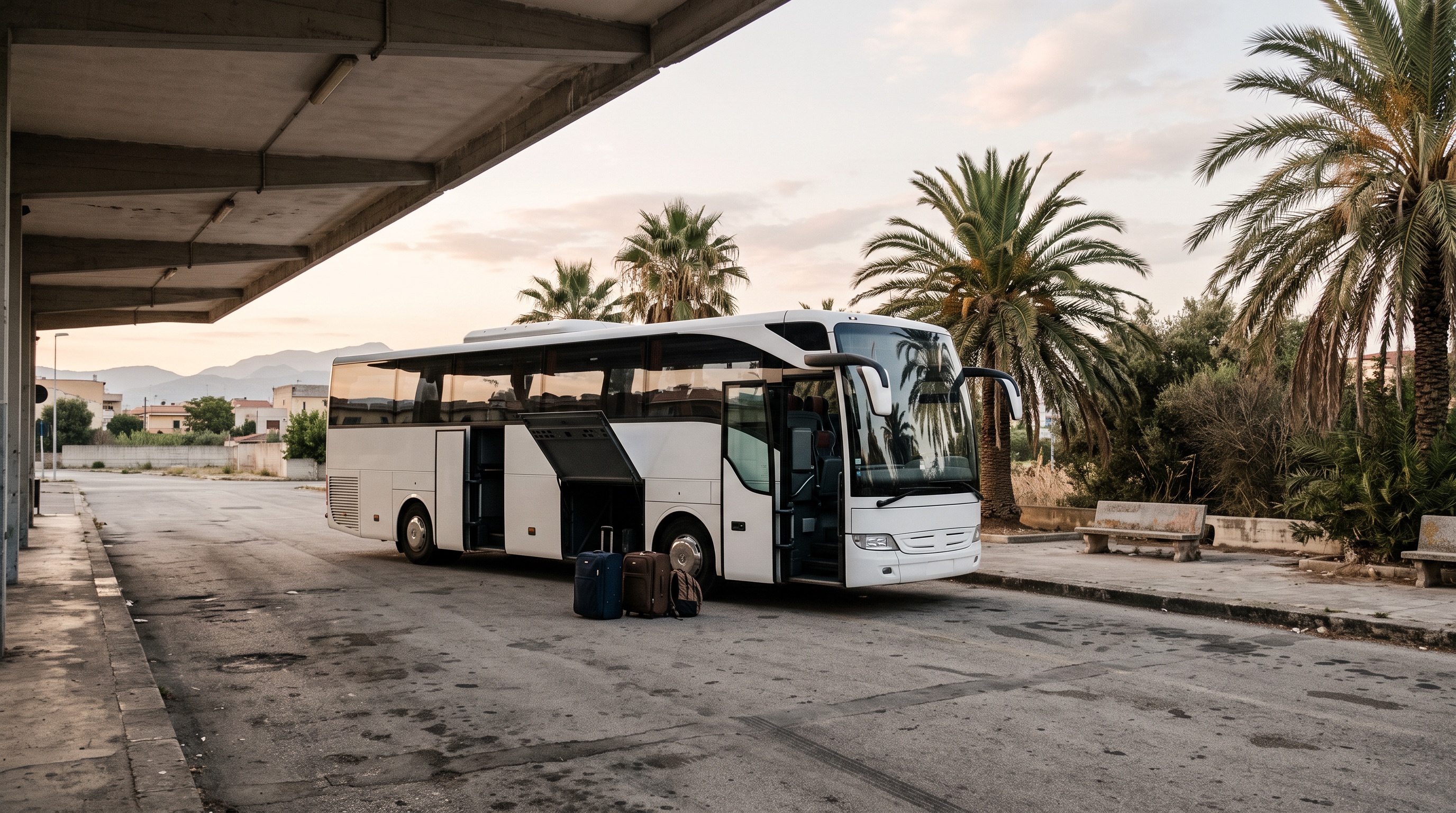 Intercity coach at a southern Italian terminal with its luggage bay open