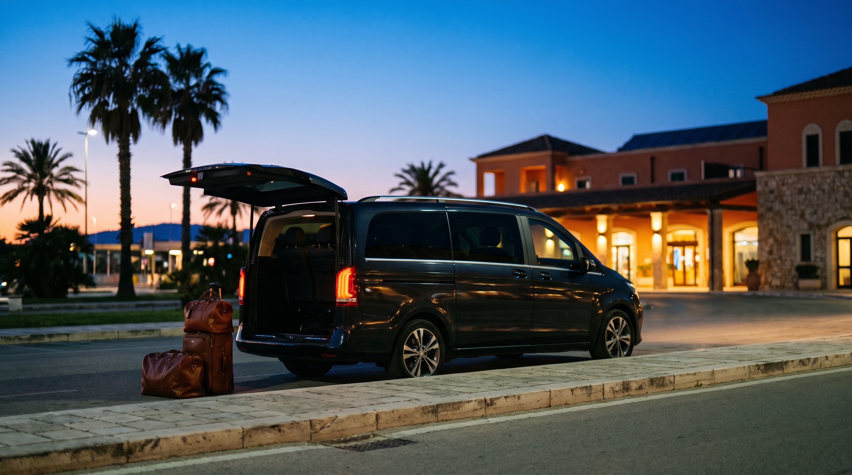 Executive minivan waiting at an airport kerb at dusk with luggage beside it