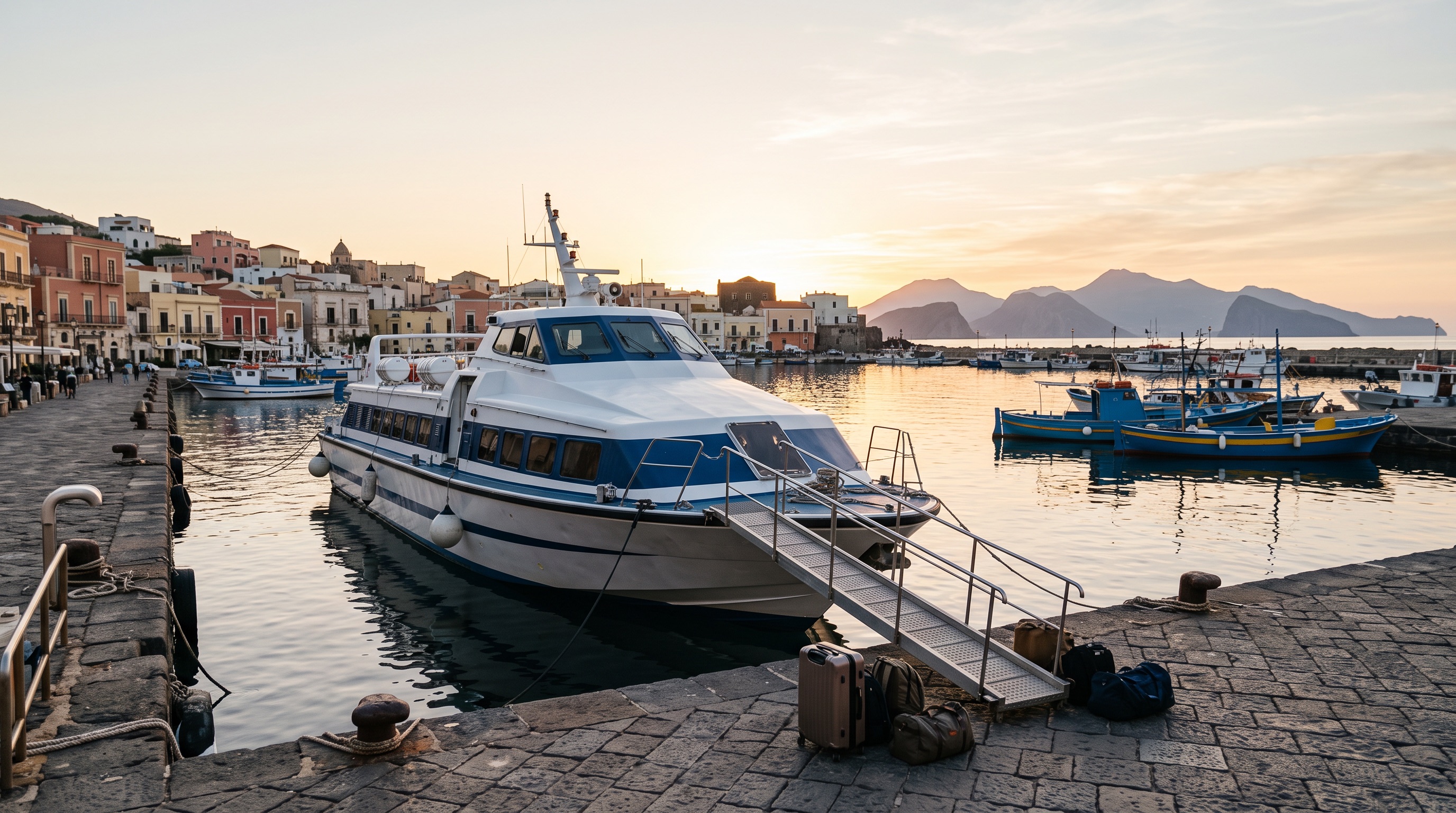 Hydrofoil moored at a Sicilian quay at dawn with luggage waiting on the dock