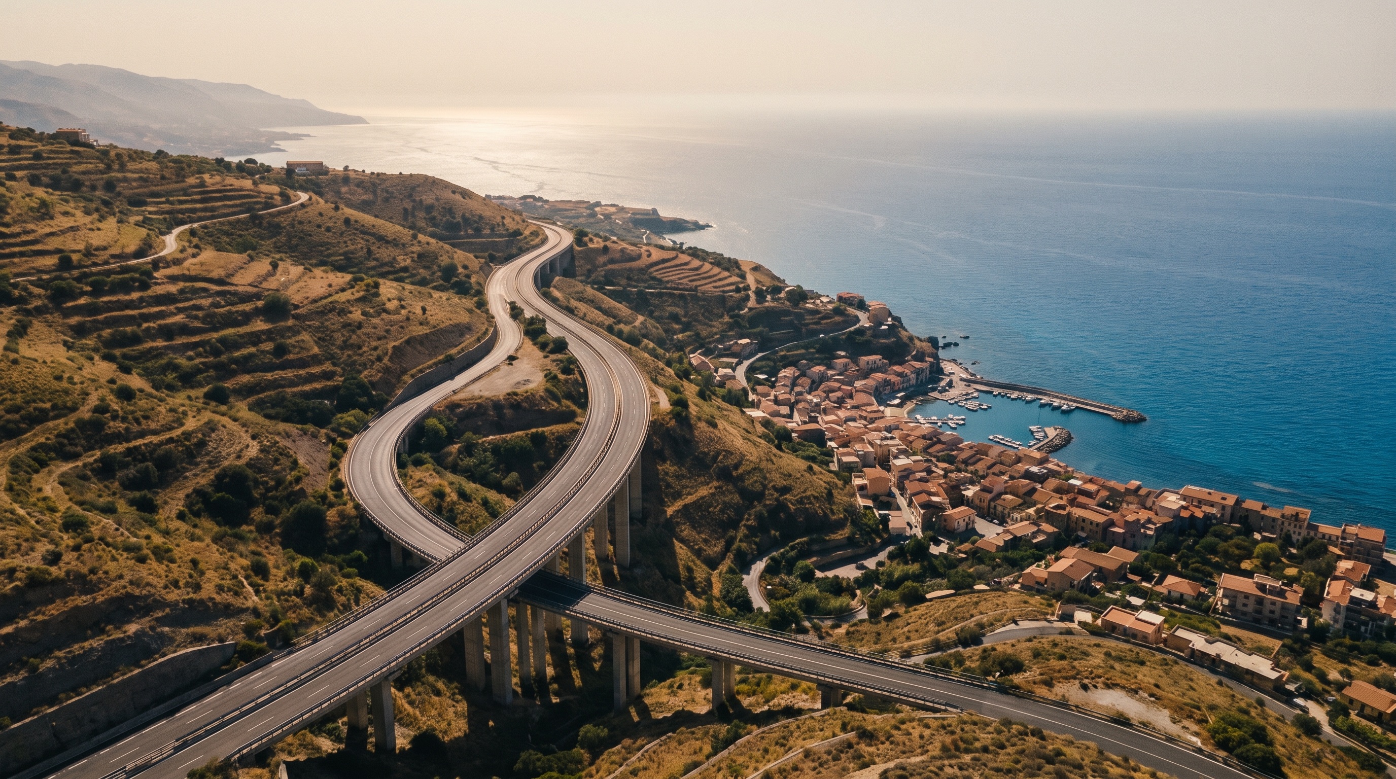 Motorway viaducts curving along the Tyrrhenian coast of northern Sicily