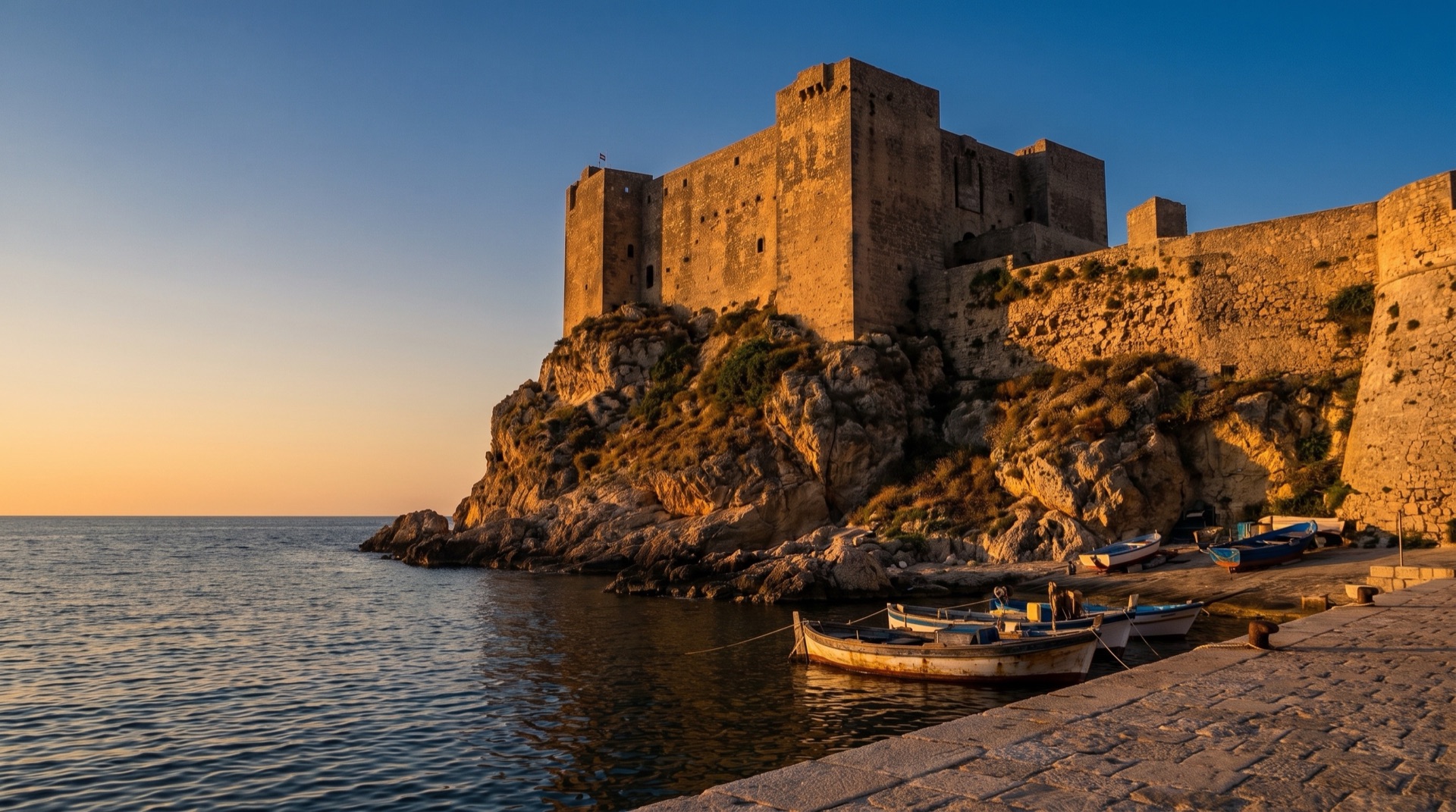 El puerto de Castellammare del Golfo con el castillo sobre el agua, a unos 1.15 km cuesta abajo desde la parada de autobús de Piazza Borruso