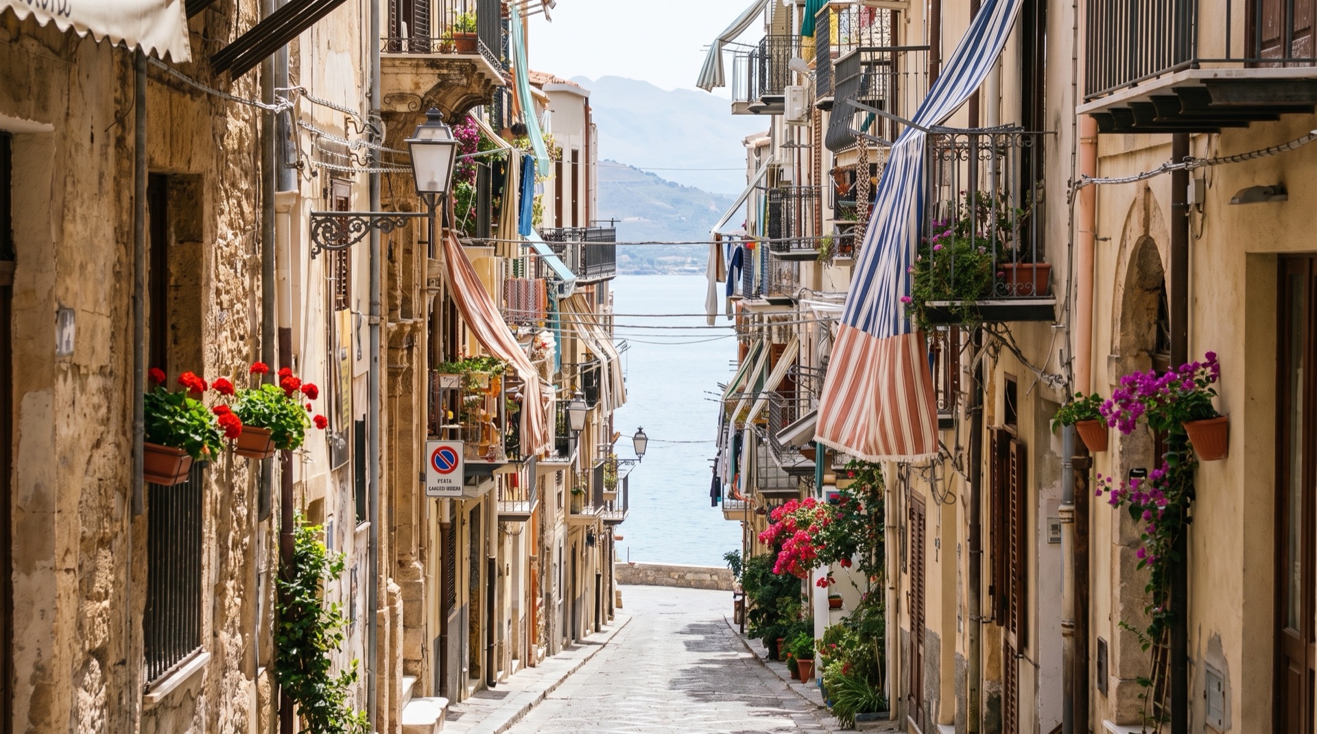 Narrow stone lane in the old town of Cefalù, a few minutes on foot from the railway station
