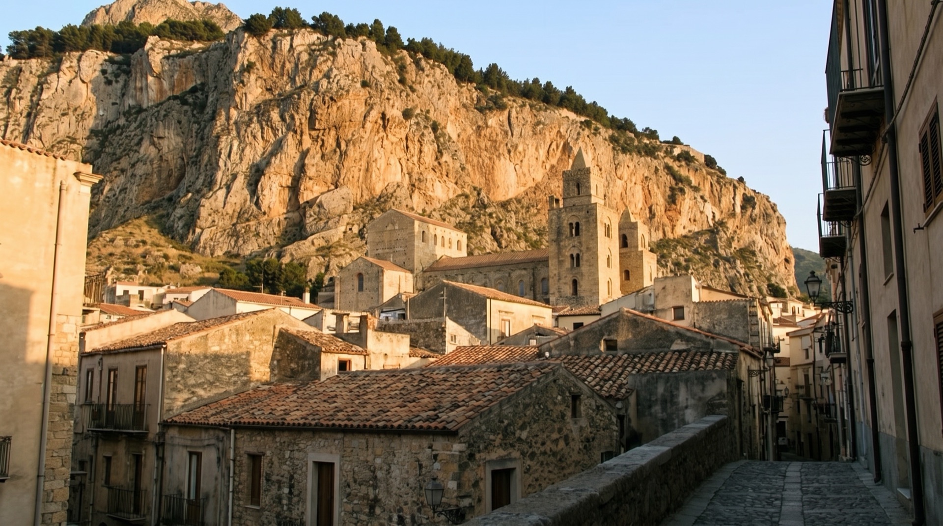 View over the roofs of Cefalù, the cathedral and the sea from the Rocca headland above the town