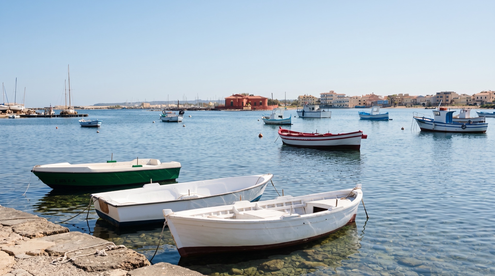 Fishing boats moored at Marzamemi at dusk, the working side of the village at the southern tip of Sicily