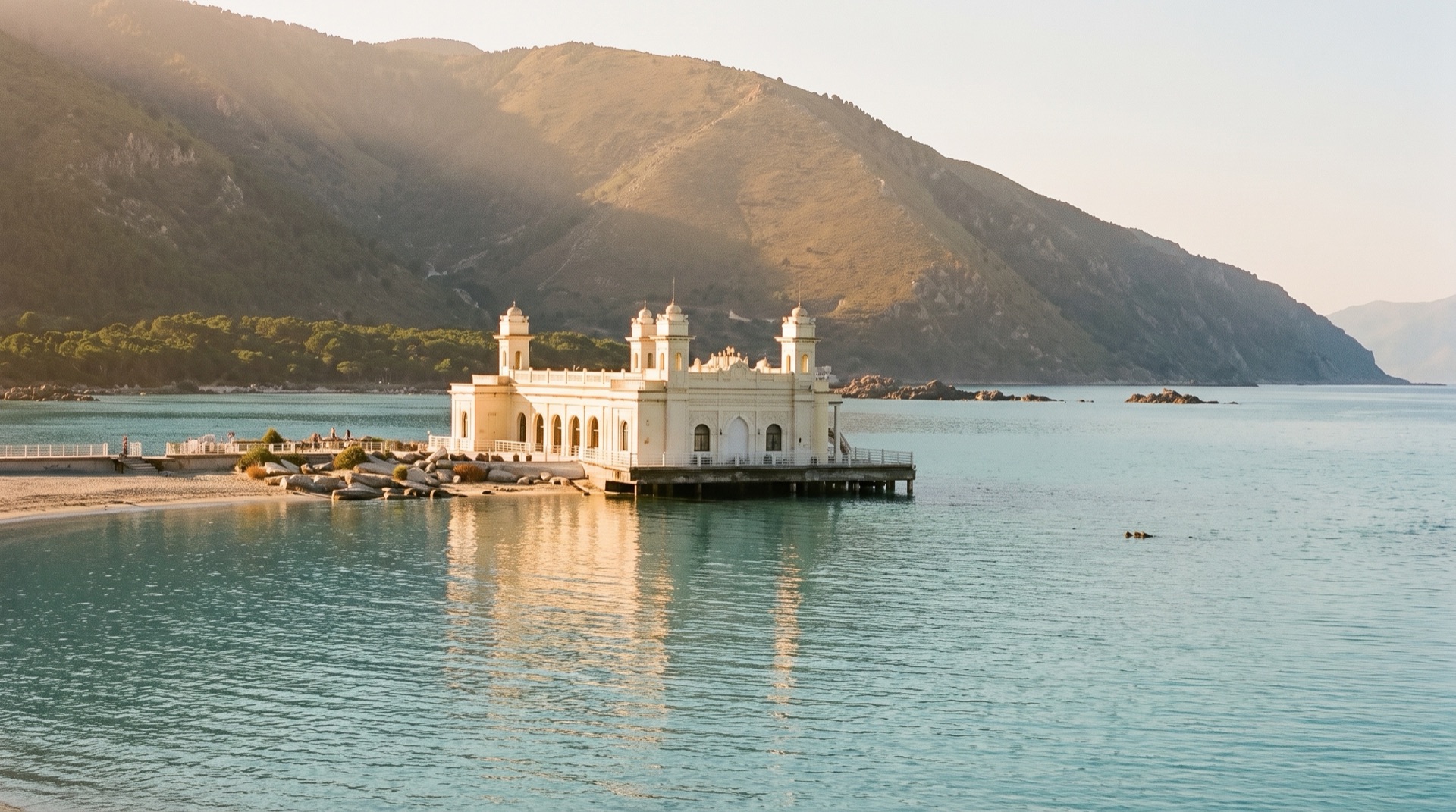 The Liberty-style bathing pavilion standing on the water at Mondello, seen from the sand on a clear summer morning.