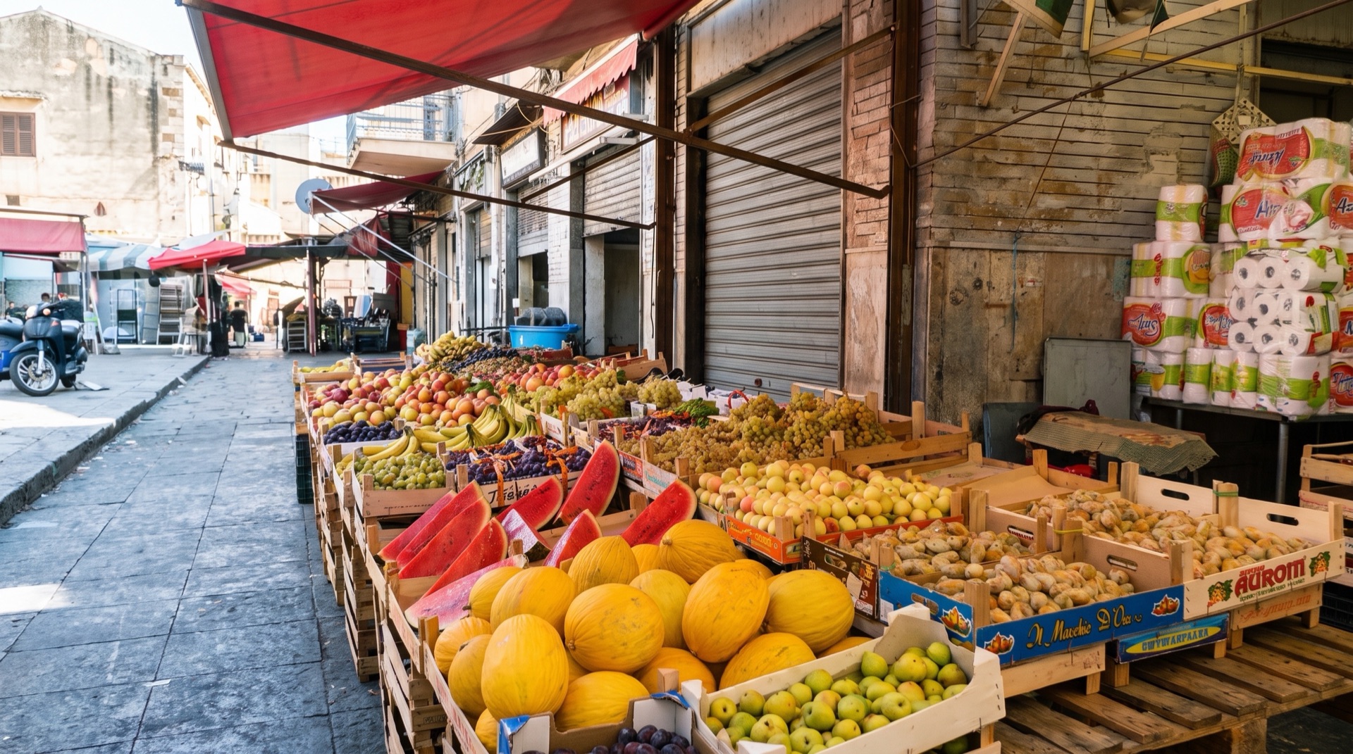 Stalls at the Ballaro market in central Palermo, the everyday street market travellers reach on foot from the bus terminus at Stazione Centrale