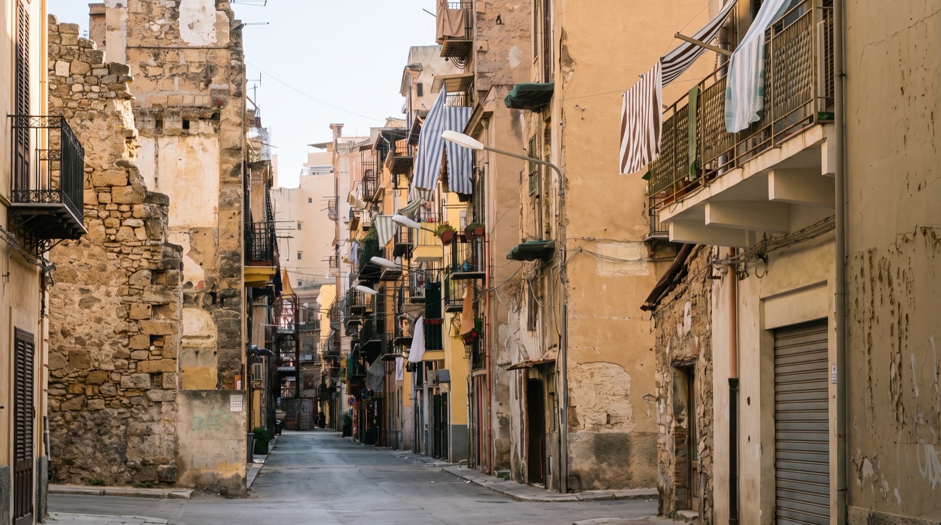 A narrow lane in the old town of Palermo between Via Maqueda and the Quattro Canti, the last stretch travellers cover on foot with their luggage