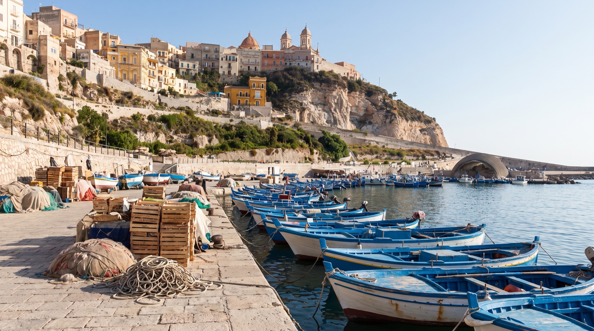 Fishing boats moored in the port of Sciacca on the south-western coast of Sicily, the working harbour below the historic centre