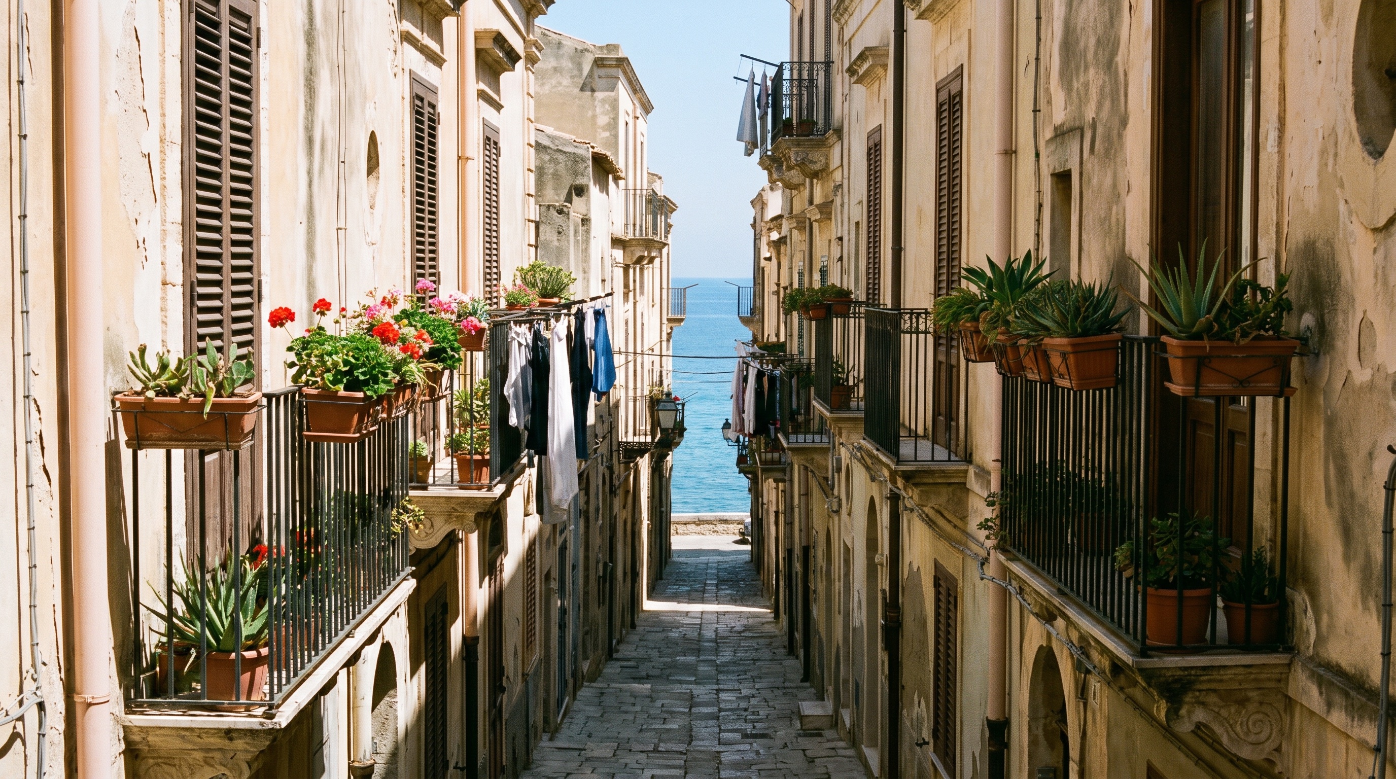 Vicolo ombroso nel centro barocco di Ortigia con persiane e piante in vaso